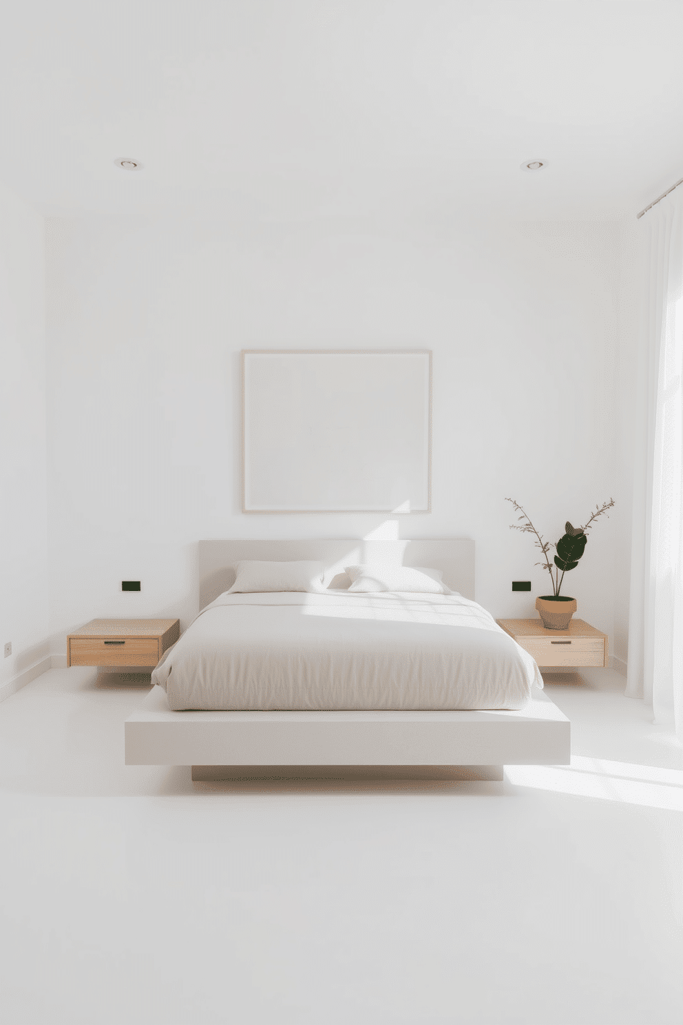 A minimalist bedroom with white walls and light wood accents creates a serene and inviting ambiance. A sleek platform bed with a neutral linen duvet sits against the white backdrop, paired with floating wooden nightstands on either side. Above the bed, a large, unframed abstract artwork provides subtle texture without overwhelming the simplicity of the space. Natural light filters in through sheer white curtains, while a single potted plant in a clay pot adds a hint of greenery to the room.