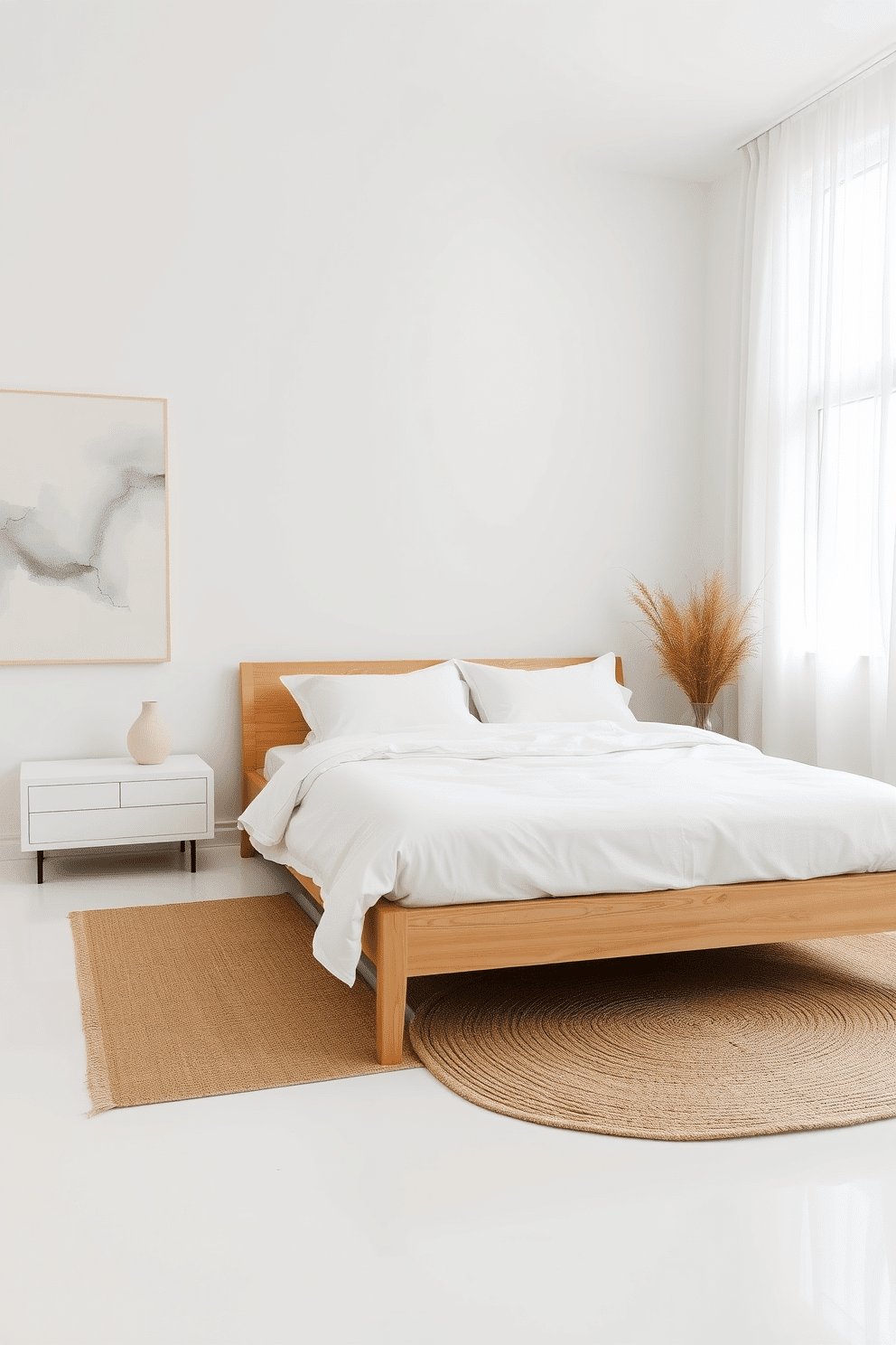 A serene minimalist bedroom featuring a queen-sized bed with crisp white linens and a natural wood frame. The floor is adorned with a natural jute rug, complementing the neutral color palette of beige, soft gray, and cream tones. To the left, a sleek, low-profile bedside table holds a simple ceramic lamp and a small potted plant. The clean white walls are decorated with a single large abstract painting, and sheer white curtains allow for an abundance of natural light to filter through.
