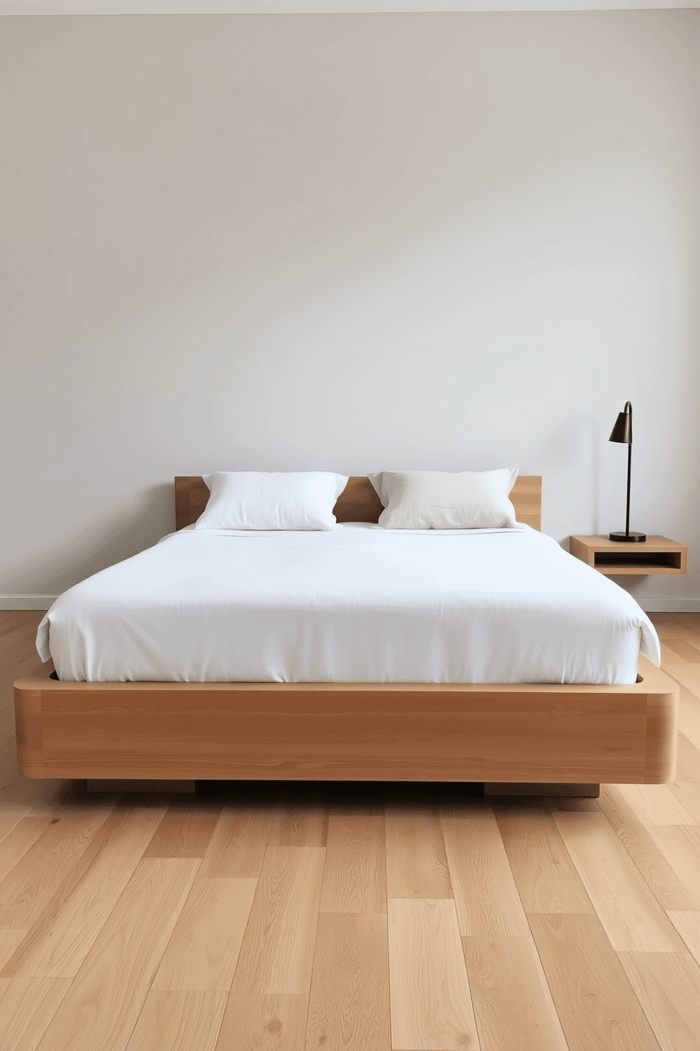 A serene minimalist bedroom featuring a low-profile platform bed with a natural wood frame, centered in the space. Crisp white bedding and two neutral-toned linen pillows complement the clean, understated aesthetic. The walls are painted in a soft greige color, while the light oak wood flooring adds warmth to the room. To the side of the bed, a single floating nightstand with a black metal sconce above it enhances the room's simplicity.