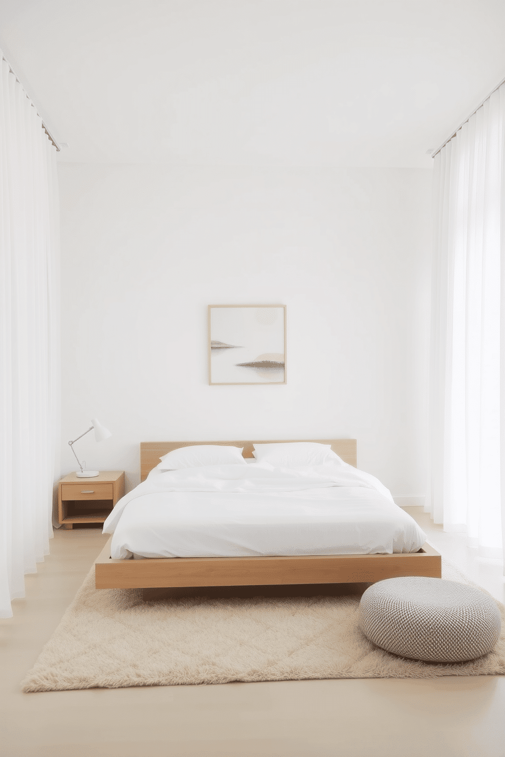 A serene minimalist bedroom with floor-to-ceiling sheer white curtains that filter soft natural light into the space. The centerpiece is a low-profile platform bed with crisp white linens, complemented by a simple, light oak bedside table holding a small ceramic lamp. The walls are painted a calming neutral tone, accentuating the simplicity of the room's design. A plush area rug in a soft beige hue lies beneath the bed, while a single abstract artwork in muted colors hangs above, creating a perfect balance of texture and tranquility.