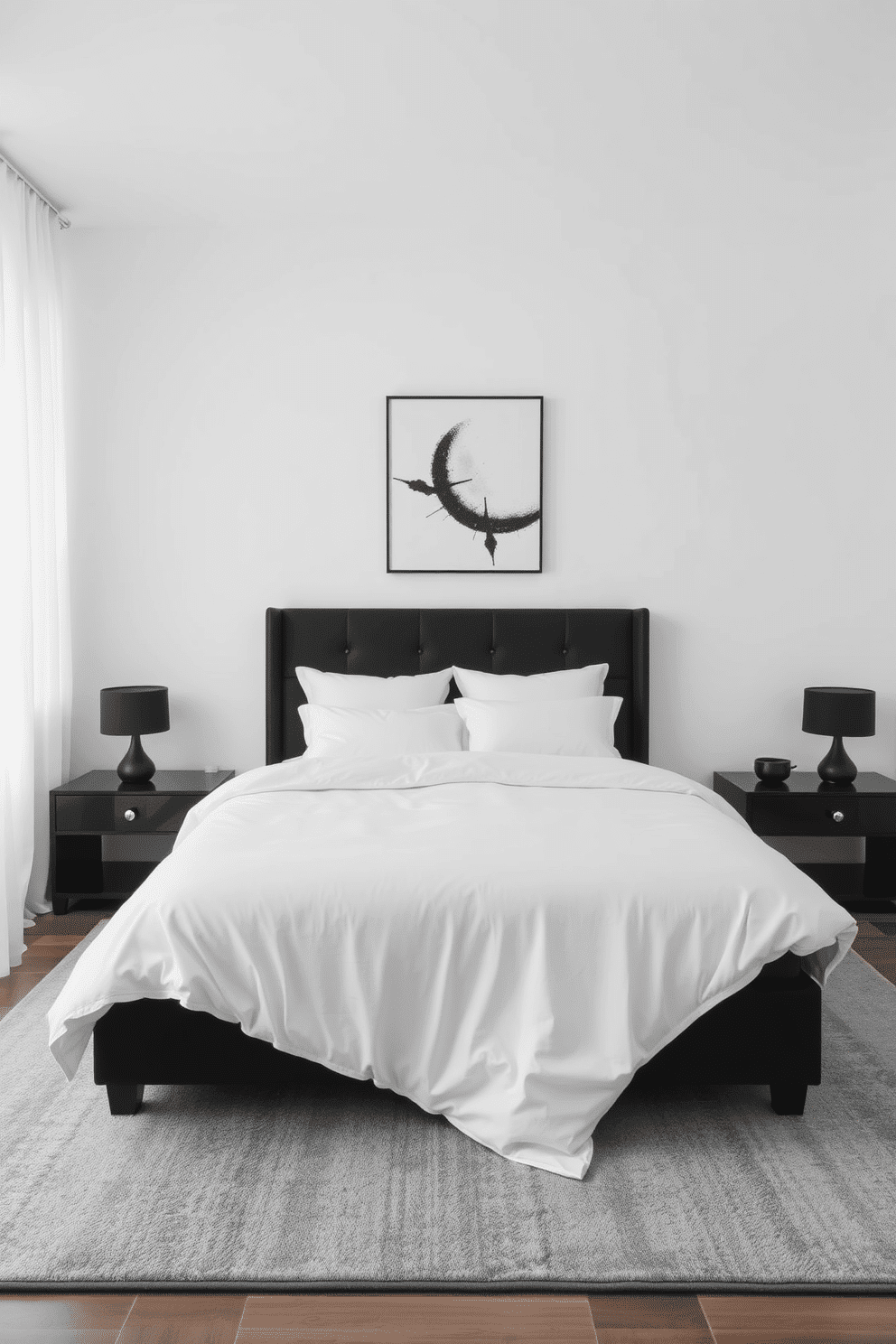 A serene bedroom with a black and white minimalist palette. The bed features crisp white linens and a black upholstered headboard, paired with sleek black bedside tables. Above the bed, a monochromatic abstract art piece adds a focal point. The room's floor is covered in a soft gray rug, while sheer white curtains allow natural light to filter through.