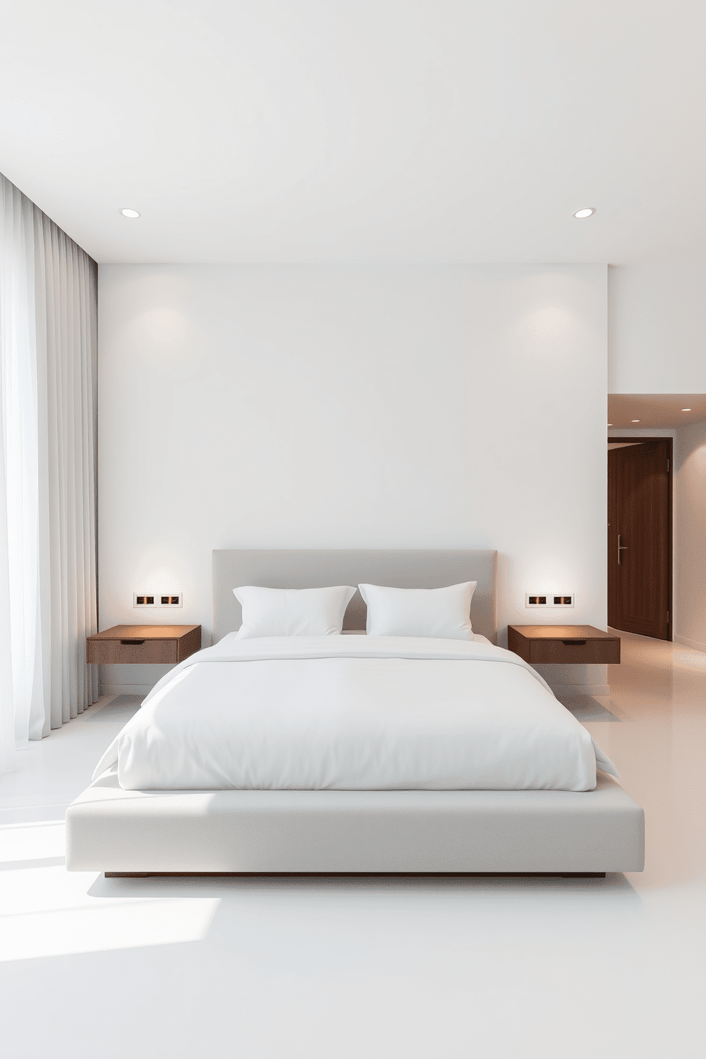A serene minimalist bedroom featuring a low-profile platform bed with crisp white linens and a pale gray headboard. Flanking the bed are sleek, wall-mounted nightstands with concealed recessed LED lighting that emits a soft, warm glow. The walls are painted in a clean, matte white finish, enhancing the room's airy simplicity. A large floor-to-ceiling window is dressed with sheer curtains, allowing natural light to complement the modern ambiance created by the recessed lighting.