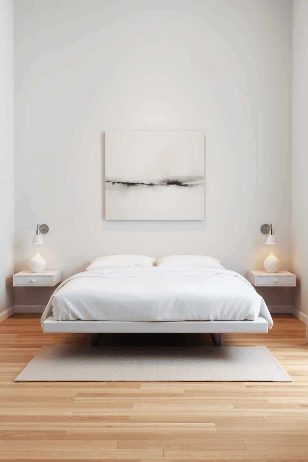 A minimalist bedroom design featuring wall-mounted bedside tables. The tables are sleek and frameless, painted in a matte white finish to blend seamlessly into the soft gray wall, each holding a single ceramic lamp with a warm glow. The bed is low-profile with white linen sheets, flanked by the tables to maintain symmetry in the room's layout. A large abstract painting occupies the wall above the bed, adding a subtle splash of muted colors while maintaining the minimalist aesthetic. The flooring is light oak with a small, neutral-toned area rug placed beneath the bed, creating a sense of warmth in the clean and simple space.