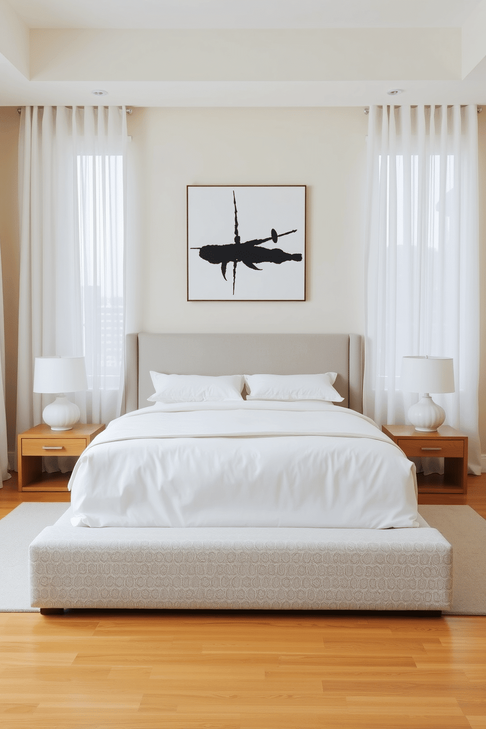 A serene minimalist bedroom design featuring a platform bed with crisp white linens and a light gray upholstered headboard. The bed is flanked by two sleek wooden nightstands, each topped with a single ceramic lamp and no additional decor to maintain a clean aesthetic. The walls are painted in a soft, neutral beige tone, complemented by sheer white curtains that allow natural light to softly diffuse into the space. A single large black-and-white abstract artwork hangs above the bed, while the flooring showcases warm, natural wood with no visible rugs for a streamlined effect.