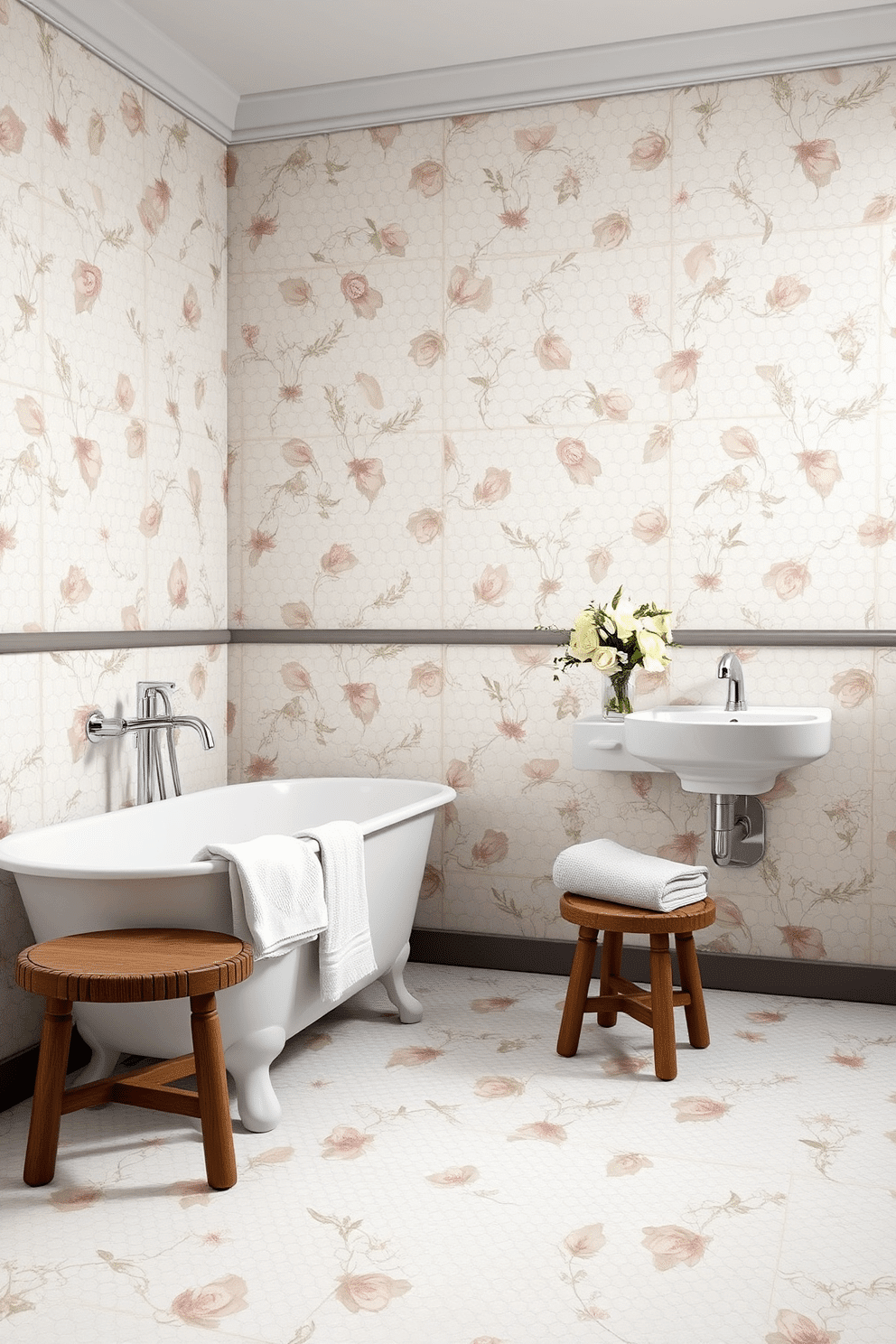 A tranquil bathroom adorned with floral-inspired mosaic tiles that exude timeless elegance. The tiles form intricate patterns of blossoms in soft pastel tones, adding a delicate and classic charm to the space. Complementing the mosaic walls are sleek white fixtures, including a freestanding tub and a porcelain sink with chrome accents. A vintage-style wooden stool sits nearby, holding a plush towel and a small vase with fresh blooms.