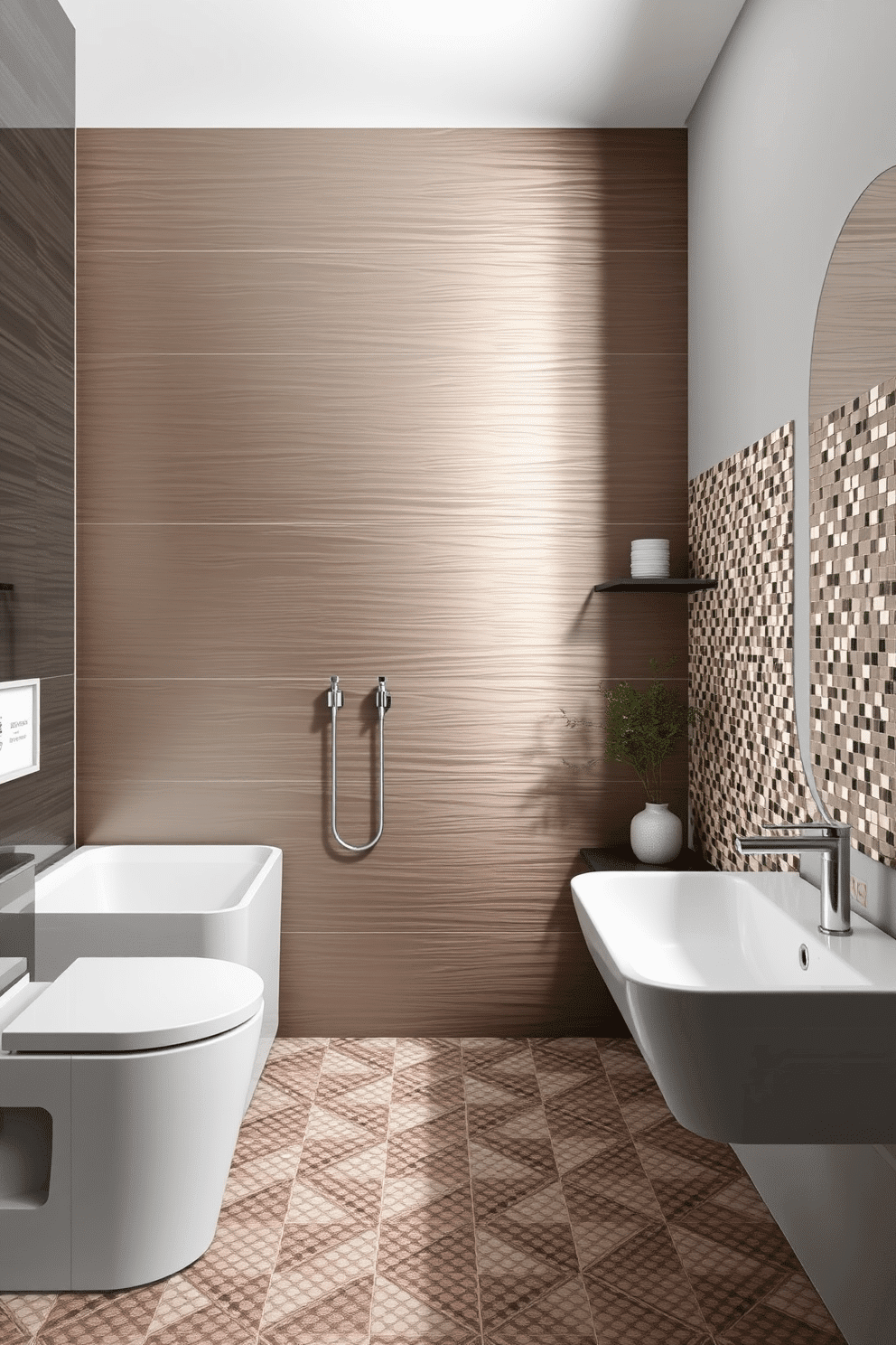 A contemporary bathroom featuring metallic finish tiles with a sleek, reflective surface, adding depth and a modern edge to the space. The tiles are paired with clean-lined fixtures and minimalist décor, exuding a sophisticated and polished aesthetic. In another concept, mosaic tiles create intricate patterns on an accent wall or flooring, adding texture and visual interest to the bathroom. The delicate tile combinations blend earthy tones with soft metallic hues, achieving a harmonious balance between artistry and contemporary charm.
