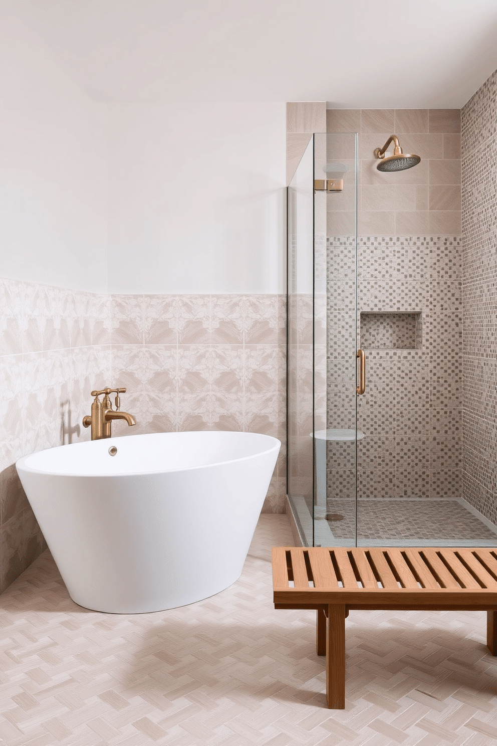 A serene bathroom space featuring a herringbone layout of neutral-toned tiles, creating both texture and sophistication. Against this backdrop, a freestanding white bathtub takes center stage, complemented by brushed brass fixtures for an understated elegance. Adjacent to the bathtub, a walk-in shower with frameless glass doors showcases mosaic tiles in soft earth tones. A sleek wooden bench and potted greenery add warmth and balance to the design, perfect for a spa-like retreat.