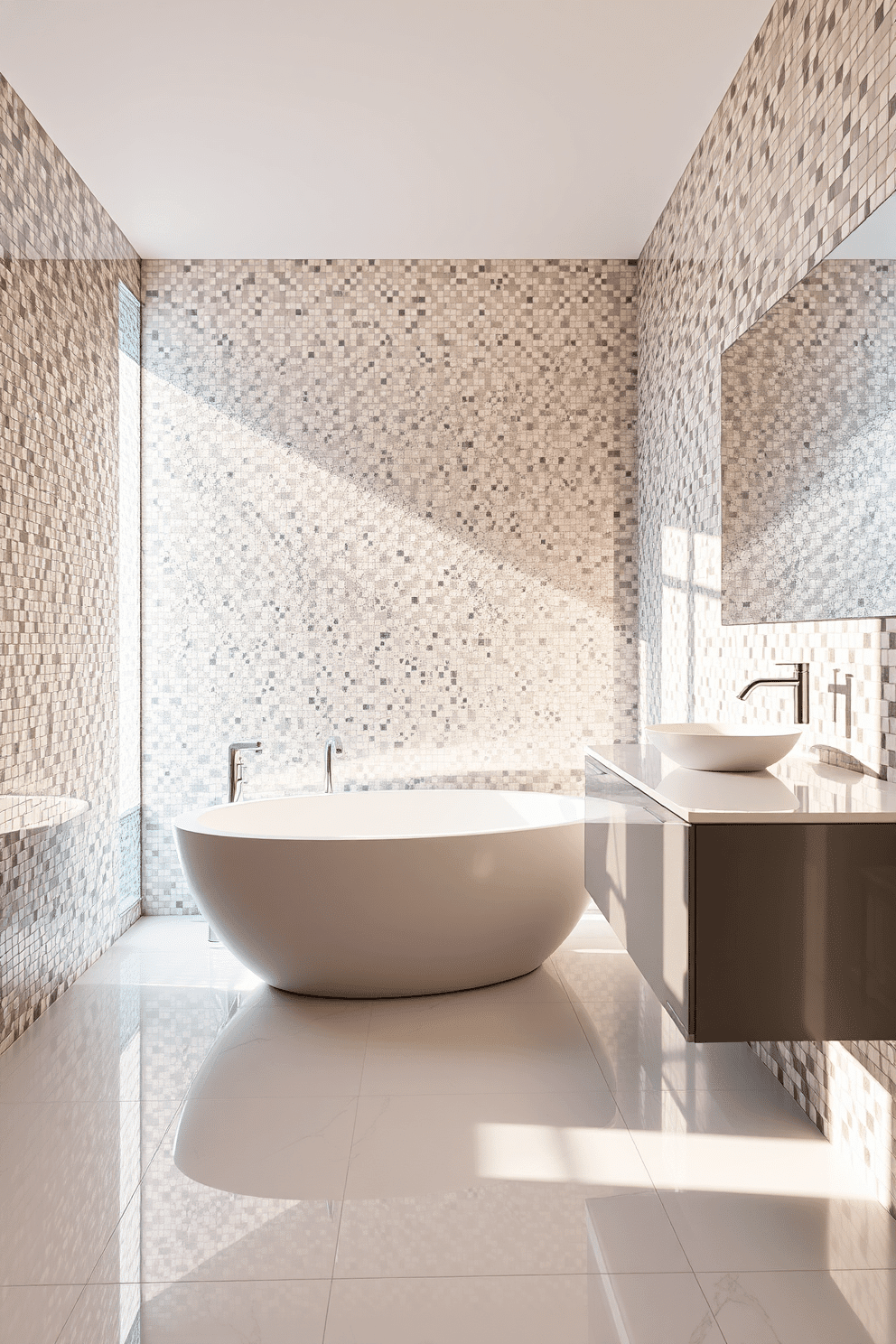 A luxurious bathroom design showcasing shimmering glass mosaic tiles arranged on the walls, reflecting natural light and creating a luminous, spa-like ambiance. The tiles feature a blend of soft metallic tones, complemented by a sleek, freestanding bathtub and minimalist chrome fixtures. The floor is covered in polished porcelain tiles, creating a subtle contrast to the intricate mosaic walls. A floating vanity with clean lines holds a vessel sink, while a frameless mirror amplifies the room’s reflective qualities, enhancing the ethereal atmosphere.