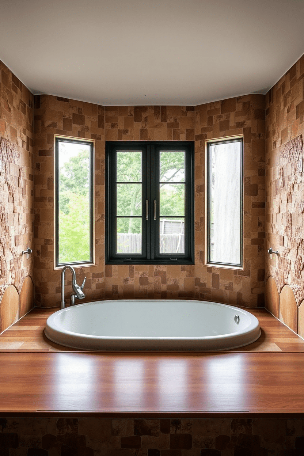A serene bathroom design inspired by earthy tones and natural textures. Walls adorned with intricate stone mosaic tiles in shades of sand, clay, and terracotta create a warm, grounding atmosphere. The centerpiece of the space is a deep soaking tub, framed by a glossy wooden ledge and surrounded by the earthy mosaics. Floor-to-ceiling windows offer gentle natural light, emphasizing the organic details and allowing the room to feel connected to the outdoors.