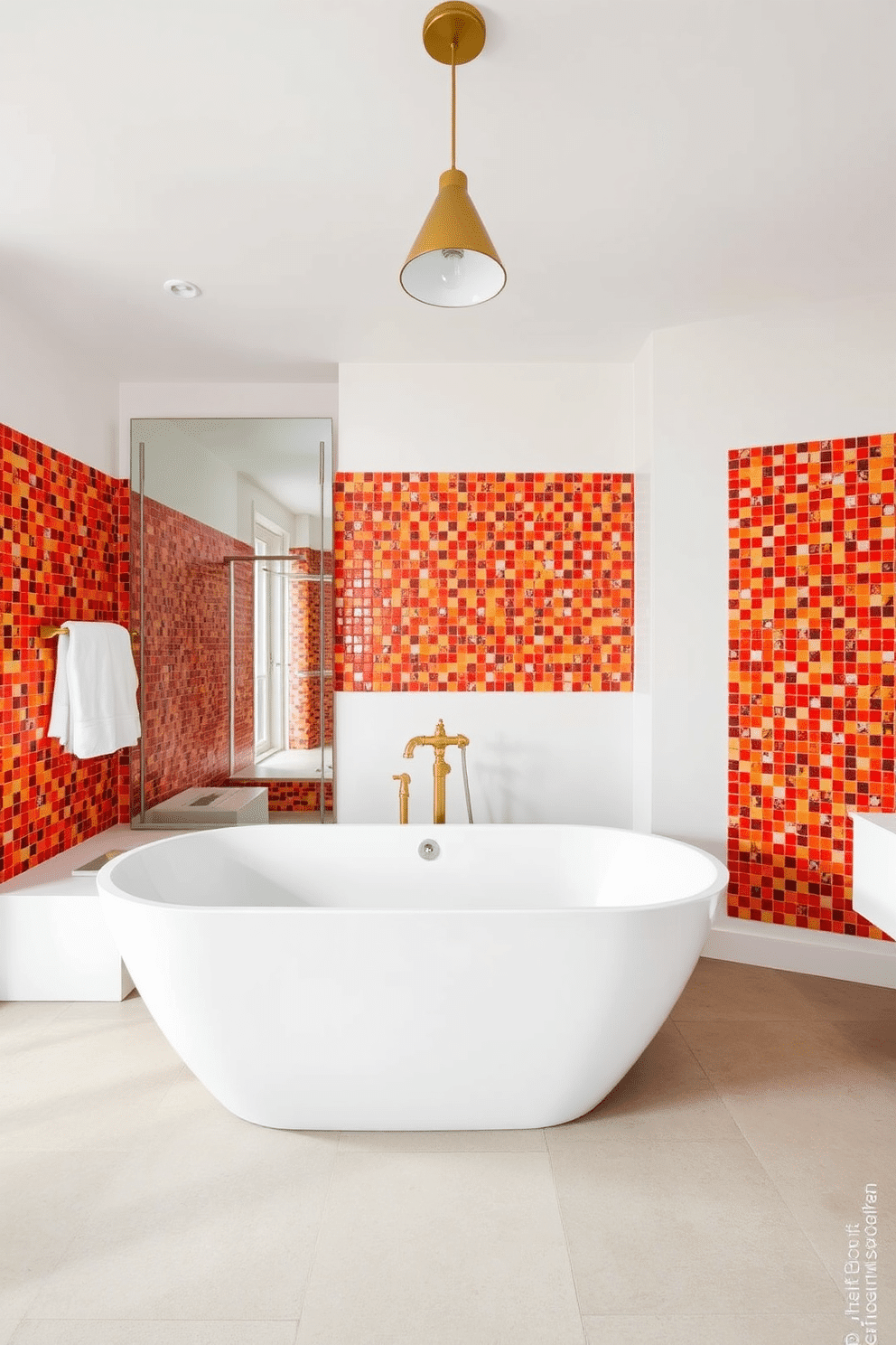 A vibrant bathroom design with fiery red and orange mosaic tile accents that create a striking visual impact. The mosaic tiles are used on the backsplash and as a decorative strip around the walls, adding warmth and energy to the space. A modern white freestanding bathtub takes center stage, complemented by brass fixtures that enhance the luxurious atmosphere. The floor is adorned with large neutral-toned tiles that balance the vivid color scheme, while a single pendant light hangs above, casting a soft, inviting glow.