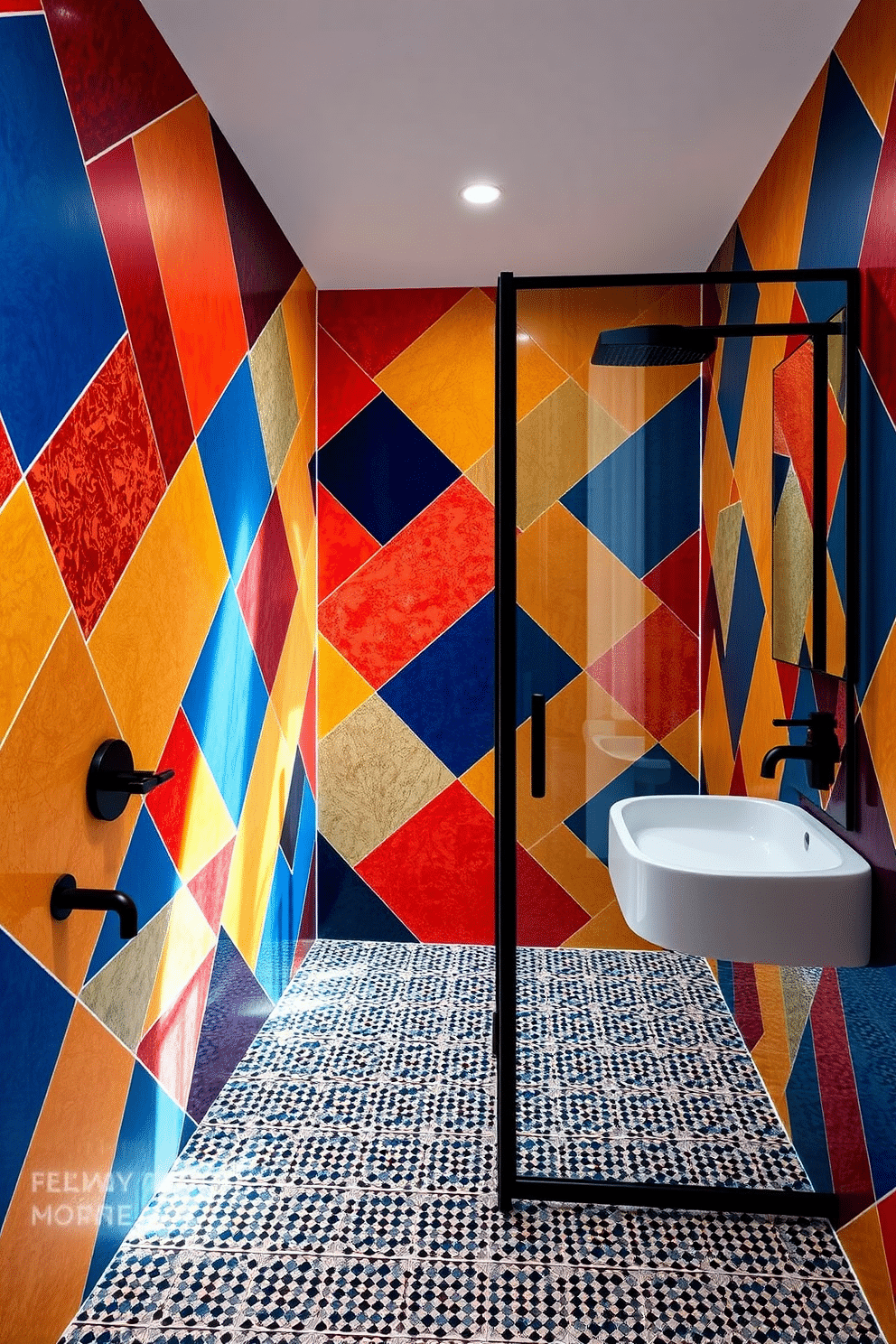 A vibrant bathroom interior with bold geometric patterns adorning the walls through intricate mosaic tiles. The color palette includes a mix of deep blues, fiery reds, and sunny yellows, creating a visually striking and modern ambiance. The floor features a complementary monochrome tile design, letting the walls remain the focal point of the space. Sleek matte black fixtures and a frameless glass shower add a contemporary touch, contrasting elegantly with the colorful geometric backdrop.