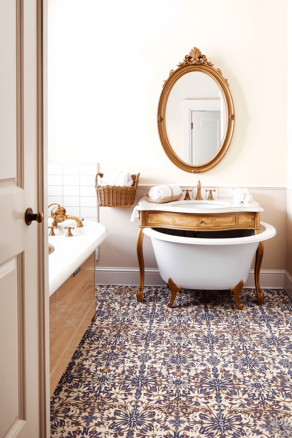 A charming bathroom with vintage-inspired mosaic tiles covering the floor, featuring intricate patterns in shades of blue, white, and gold. The walls are painted in a soft cream tone, complemented by a clawfoot bathtub with antique brass fixtures. A wooden vanity with a distressed finish rests against the wall, topped with a white marble counter and a classic porcelain sink. Above it, an oval mirror with an ornate gold frame adds elegance, while a woven basket filled with neatly rolled towels completes the timeless look.