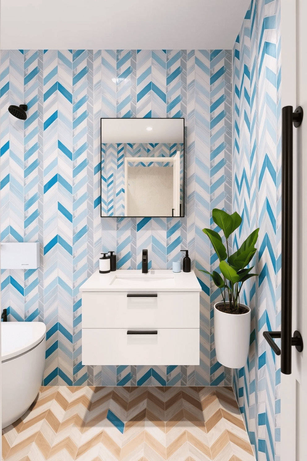 A vibrant mosaic-tiled bathroom full of dynamic energy. Zigzag-patterned wall tiles in soft blue and crisp white create a bold statement, contrasting with matte-black fixtures for a sleek, modern touch. The flooring mirrors the zigzag design in neutral tones, tying the room together seamlessly. A floating white vanity with a frameless mirror above adds a hint of minimalism, while potted greenery brings in a burst of freshness.