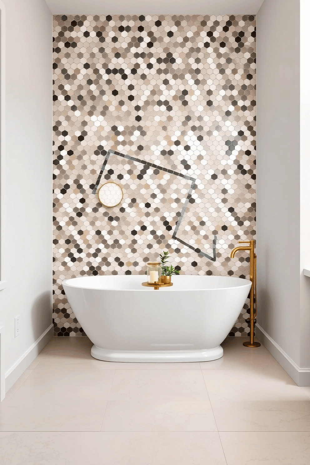 A stunning bathroom with diamond-shaped mosaic tiles creating a captivating feature wall behind the bathtub. The tiles blend shades of white, grey, and gold for a luxurious and modern aesthetic. The floor is laid with complementary neutral-toned tiles, while sleek brass fixtures add warmth and elegance. A freestanding white tub with minimalist lines stands at the center, complete with a small side table adorned with a candle and greenery for a spa-like touch.