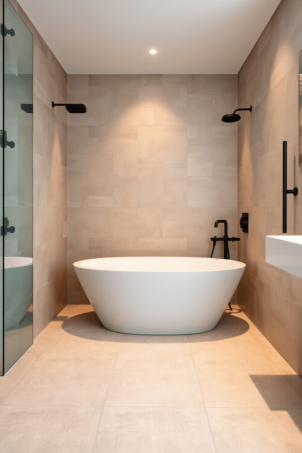 A beautifully serene bathroom setting showcasing ceramic mosaic tiles with matte finishes. Earthy tones of soft beige and muted gray create subtle contrast across the floor and shower walls, exuding timeless elegance. The matte tiles are arranged in a playful but orderly pattern, while the warm lighting enhances their textural charm. A freestanding white bathtub is complemented by sleek black fixtures, creating a refined and luxurious balance.
