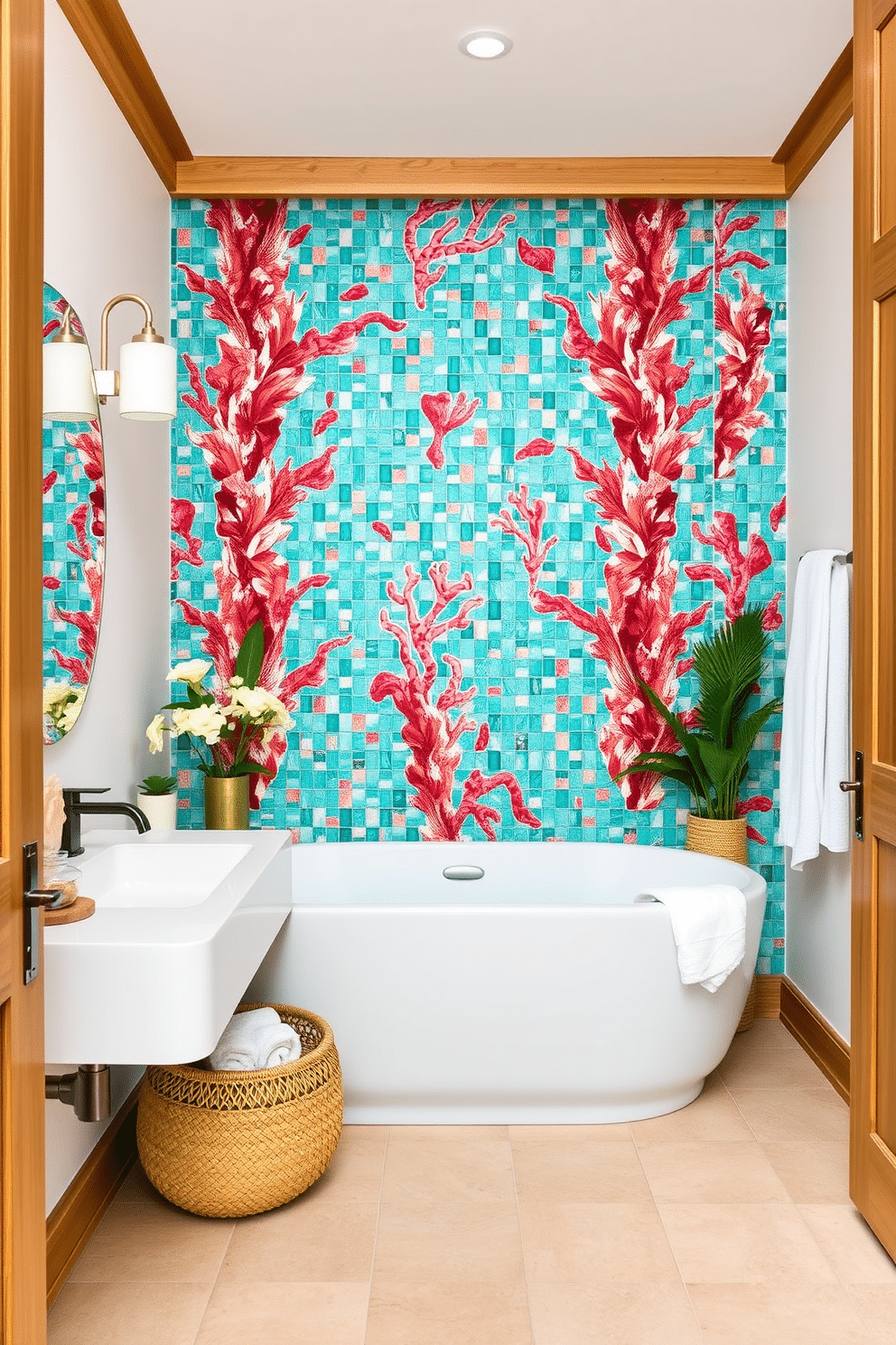 A vibrant tropical bathroom design featuring a stunning turquoise and coral mosaic tile wall as the centerpiece. The mosaic creates a bold yet harmonious backdrop, perfectly complemented by white fixtures and natural wooden cabinetry. The floor is adorned with subtle sandy-toned tiles, evoking the feel of a beach. Accents like woven baskets, lush greenery, and coral-inspired decor elements bring the tropical theme to life.