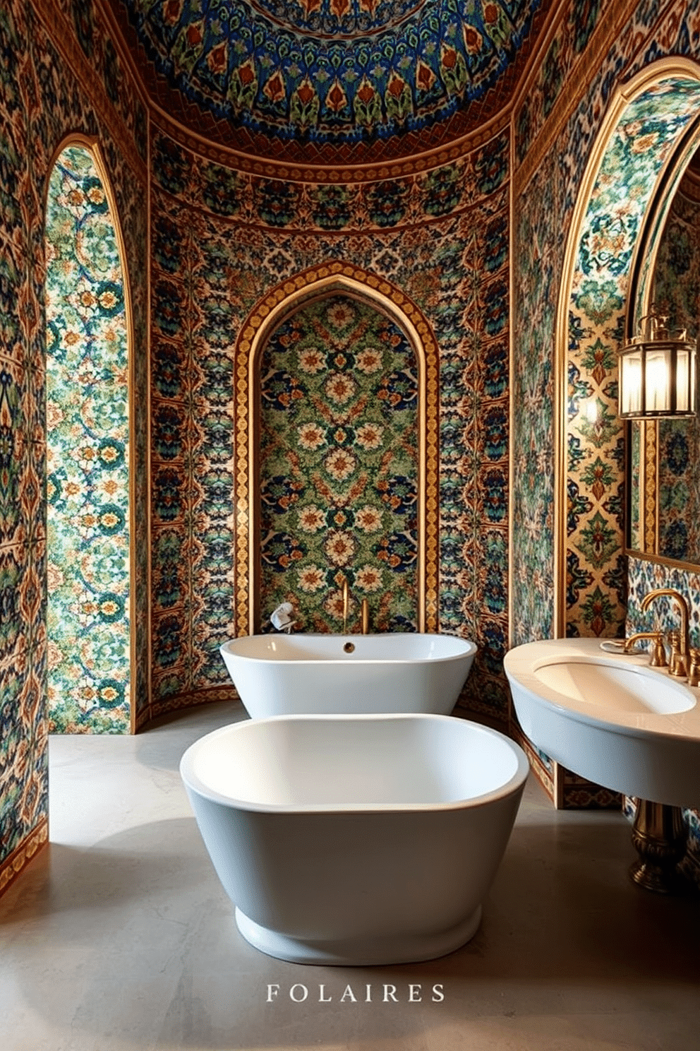 A luxurious bathroom that celebrates Moroccan design with intricate, colorful mosaic tiles adorning the walls from floor to ceiling. The tiles feature a beautiful blend of deep blues, rich greens, and warm golds, creating a bold yet elegant atmosphere. The flooring complements with a neutral stone finish, allowing the vibrant patterns on the walls to be the focal point. A freestanding bathtub sits in the center, paired with brass fixtures that enhance the Moroccan-inspired aesthetic.