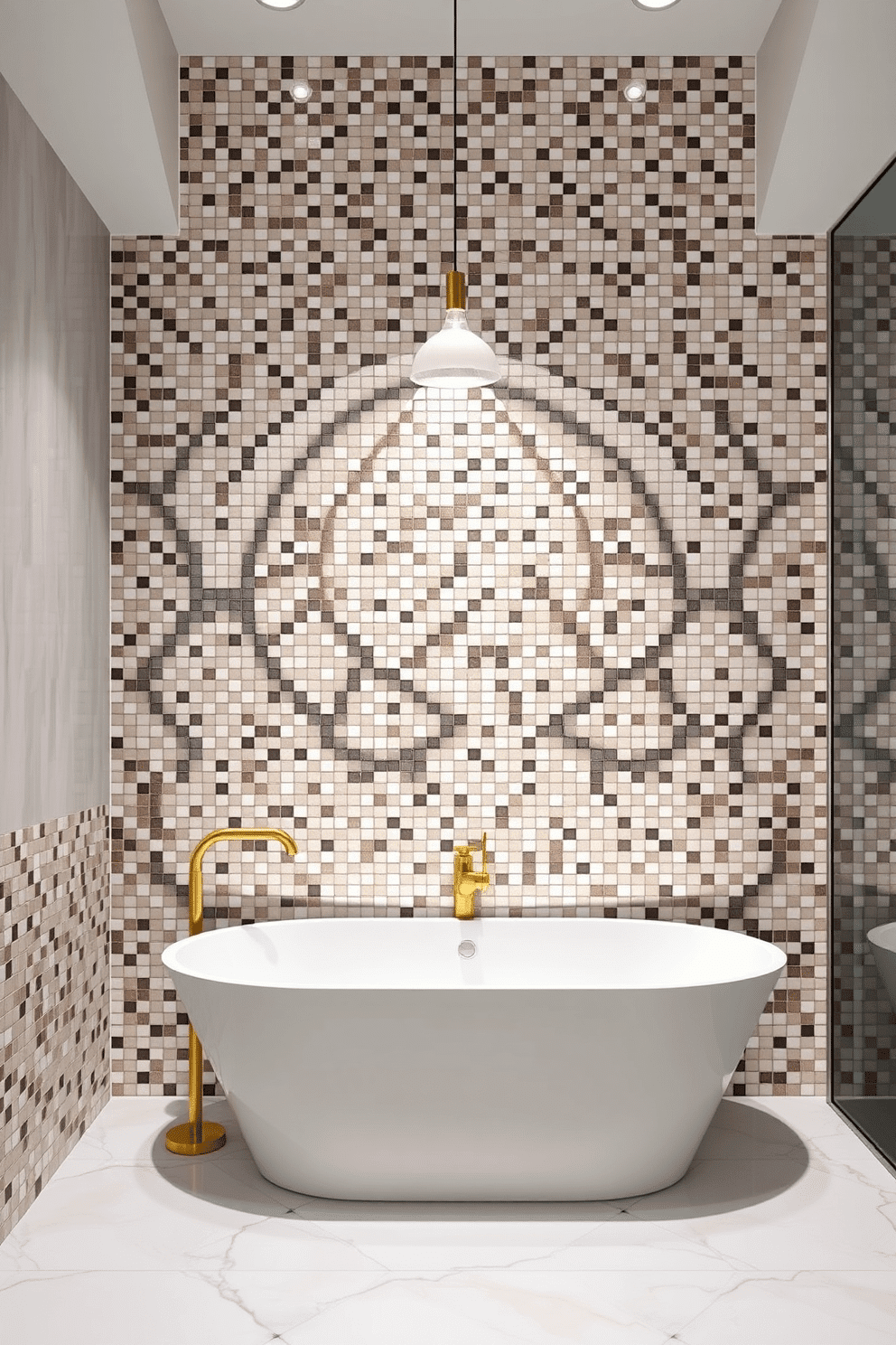 A luxurious bathroom adorned with a harmonious mix of glossy and matte mosaic tiles, creating a striking visual contrast on the walls. The tiles alternate between soft neutral shades and subtle metallic hues, adding depth and texture to the space. A sleek freestanding bathtub rests against the tiled wall, with a gold floor-mounted faucet adding a touch of elegance. The room is illuminated by soft pendant lights, casting a gentle glow that highlights the intricate patterns of the mosaic tiles.
