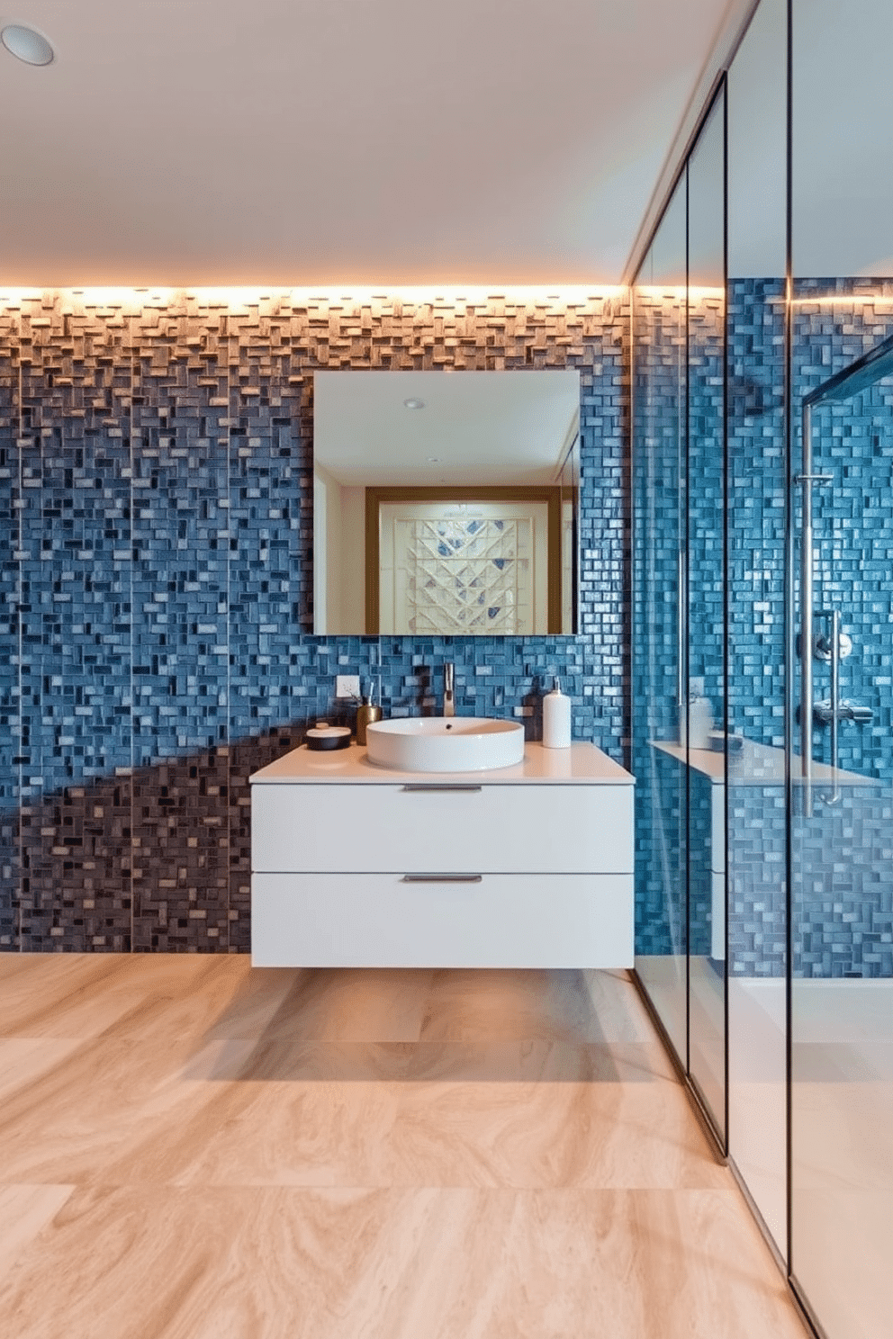 A luxurious bathroom showcasing stunning 3D effect mosaic tile installations. The textured tiles, in shades of deep blue and silver, create a captivating feature wall behind a sleek floating vanity with an integrated sink. The floor echoes the mosaic design with subtle 3D accents in neutral colors for balance. Warm LED lighting highlights the intricate tile patterns, while a frameless glass shower enclosure adds modern elegance to the space.