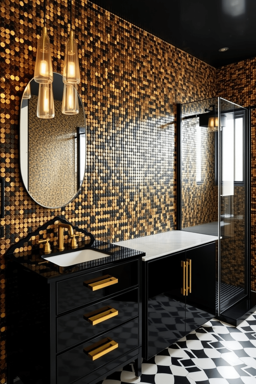 An inspiring art deco bathroom design featuring a striking black and gold mosaic tile wall that serves as the room's statement piece. A sleek black vanity with gold hardware complements the shimmering tiles, while a frameless mirror with rounded edges reflects the opulent aesthetic. The floor is covered in a geometric black and white pattern, subtly balancing the room's bold tones. Elegant gold light fixtures hang above the vanity, casting a warm and luxurious glow, with a black-framed glass shower enclosure completing the design.