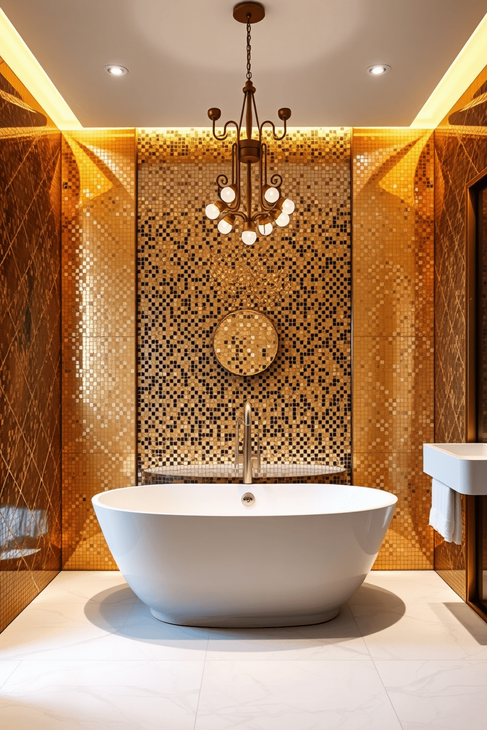 A luxurious bathroom radiating elegance. Walls are clad in gold-accented mosaic tiles that shimmer under soft ambient lighting, creating a glamorous atmosphere. A freestanding white soaking tub sits at the center, framed by a floor-to-ceiling tile backdrop. A brass chandelier overhead complements the golden accents, tying in subtle opulence.