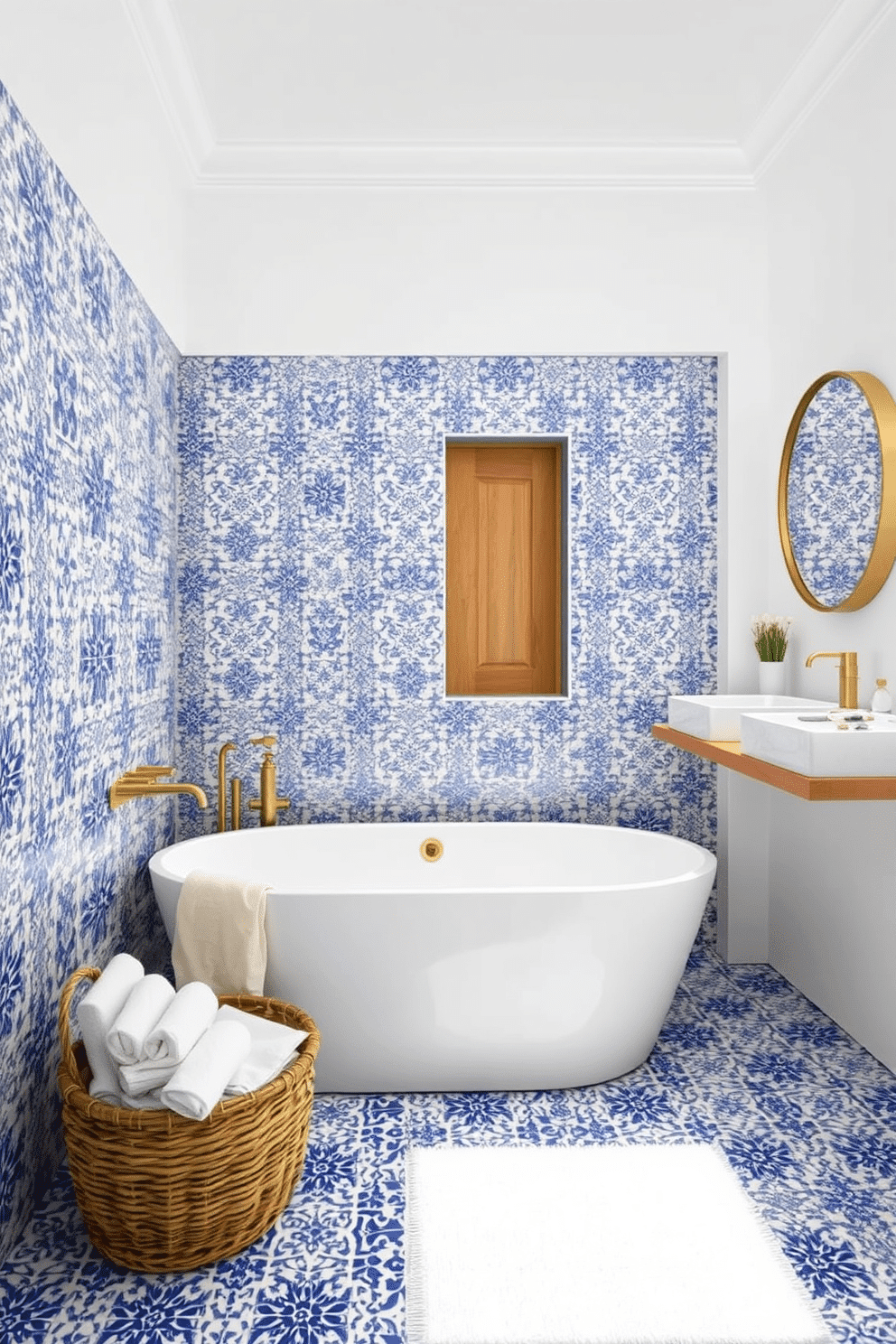 A stunning Mediterranean-inspired bathroom adorned with blue and white intricate mosaic tiles covering the floor and a feature wall. A freestanding white bathtub is positioned against the mosaic wall, complemented by sleek brass fixtures for an elegant touch. Bright white walls and natural wood accents balance the rich patterns, creating a harmonious, airy vibe. A woven basket with rolled towels sits nearby, while a round mirror with a brushed brass frame hangs above a minimalist floating vanity.