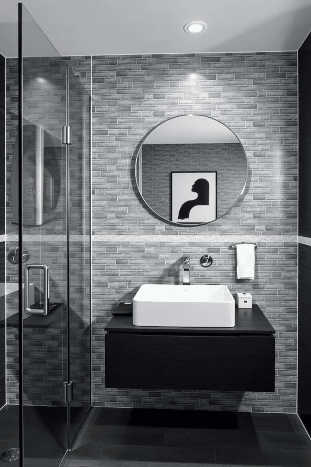 A sleek and minimalistic bathroom design featuring grey-scale mosaic tiles that create a striking yet understated pattern along the walls and shower enclosure. The tiles are arranged in gradient effects, transitioning from deep charcoal at the base to a soft dove grey near the ceiling. The floating vanity is crafted in matte black wood, paired with a white rectangular basin and a frameless circular mirror above it. Subtle chrome fixtures and a single monochrome art piece add a touch of sophistication without overpowering the clean aesthetic.