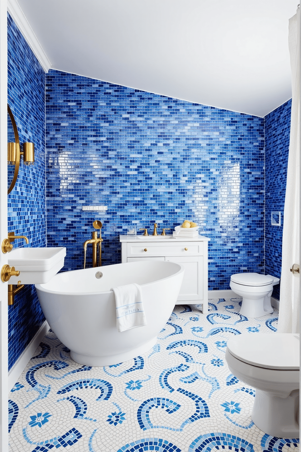 A coastal-inspired bathroom adorned with cobalt blue mosaic tiles that stretch elegantly across the walls, creating a textured, oceanic feel. White fixtures, including a freestanding bathtub and a sleek vanity, provide striking contrast, enhancing the nautical vibe. The floor showcases a mix of delicate blue and white mosaic tiles in a wave-like pattern, adding movement and depth to the space. A round brass mirror and matching fittings bring a touch of vintage charm, while a white linen curtain softens the entire design.