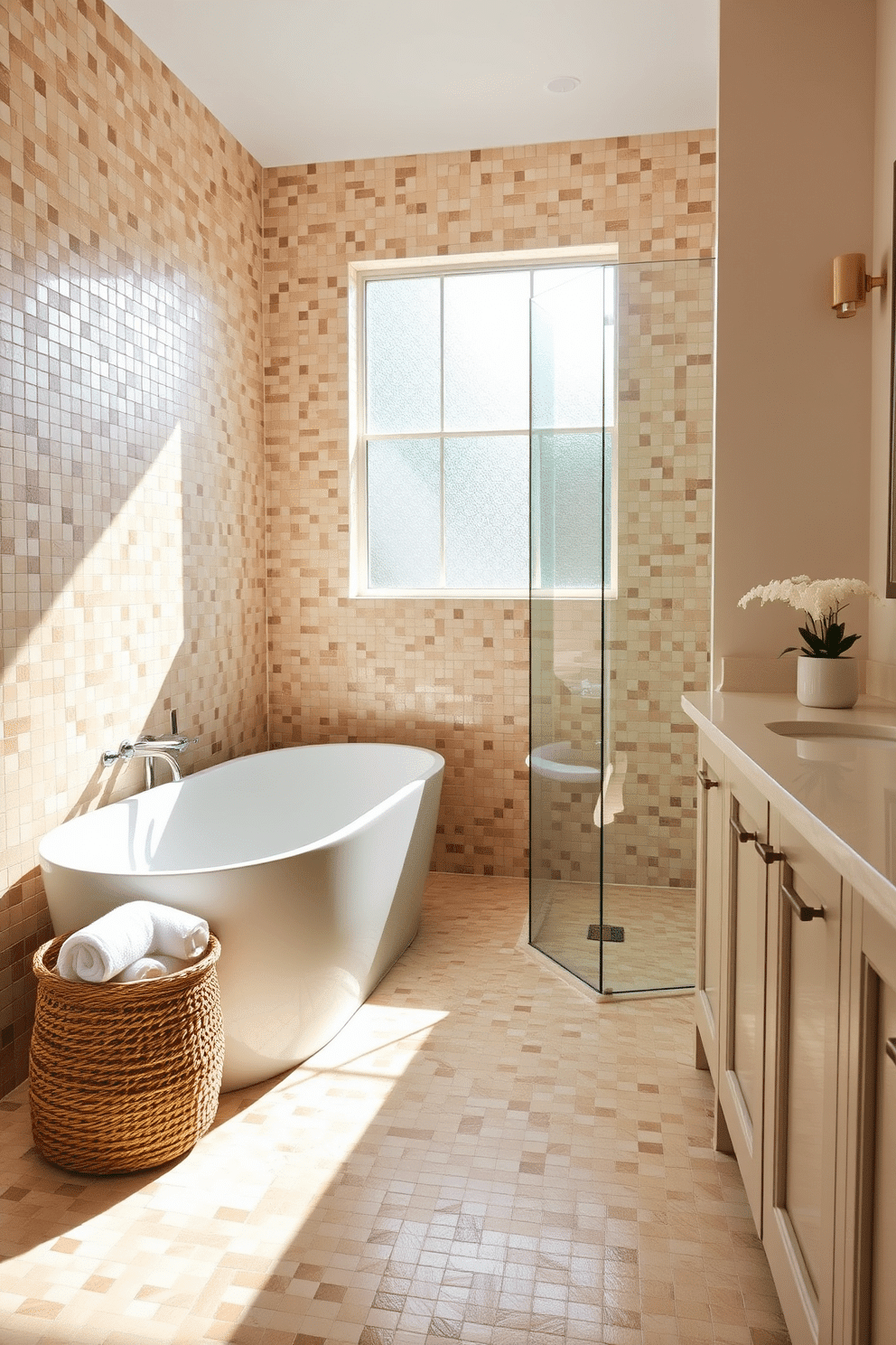 A serene bathroom adorned with mixed neutral mosaic tiles that cover both the floor and shower area, creating a warm and inviting ambiance. The mosaic design incorporates soft beige, cream, and taupe tones, blending seamlessly with a minimalist white freestanding bathtub and matching vanity. Natural light streams through a frosted glass window, highlighting the subtle shimmer of the tiles and adding depth to the warm color palette. A rattan basket holding rolled white towels and a potted fern on the countertop complete the effortlessly cozy, spa-like atmosphere.