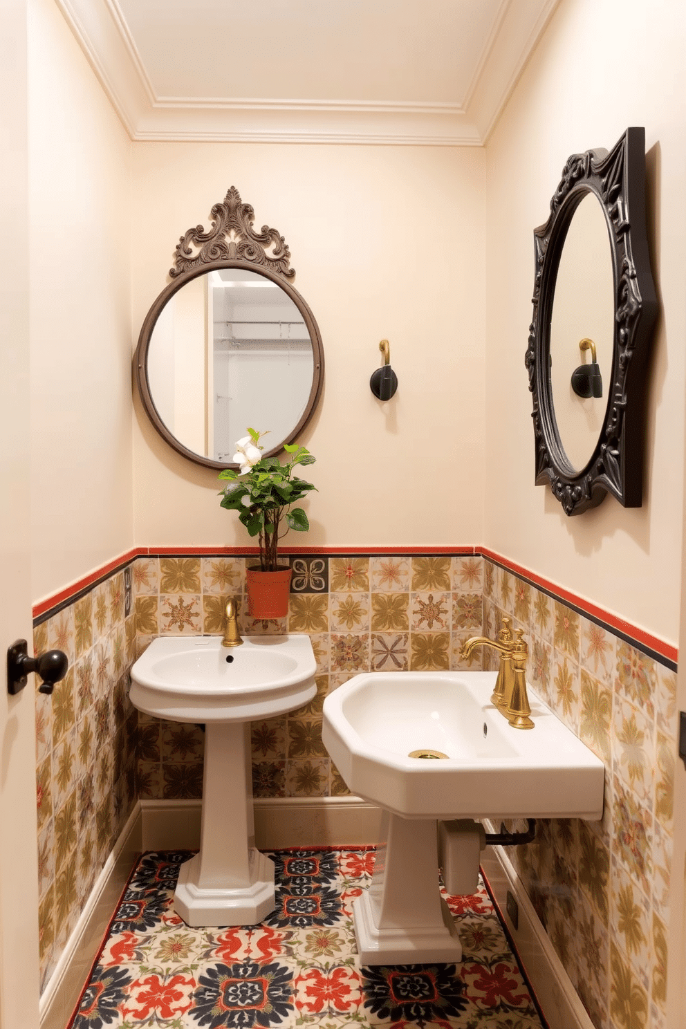 A charming powder room featuring vintage encaustic tiles in a vibrant pattern that adds character to the space. The walls are painted in a soft cream color, complementing the intricate designs of the tiles and creating a warm, inviting atmosphere. A sleek pedestal sink sits against one wall, adorned with a polished brass faucet that enhances the vintage feel. Above the sink, a round mirror with an ornate frame reflects the beauty of the tiles, while a small potted plant adds a touch of greenery to the room.