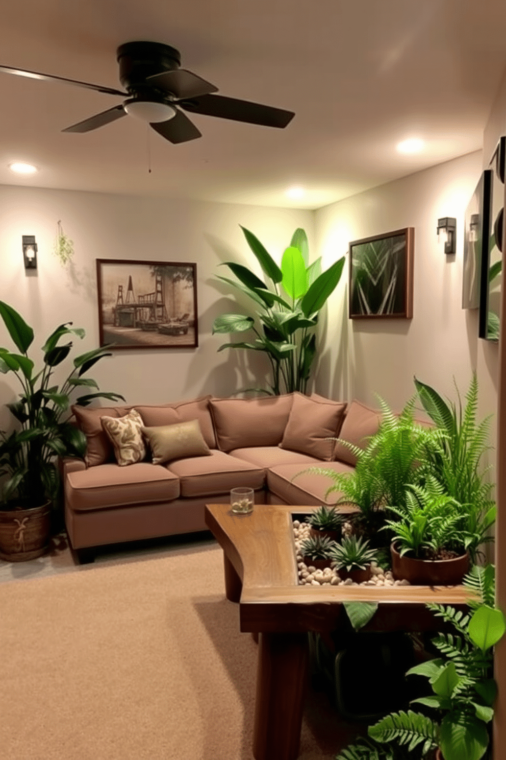 A cozy basement retreat with soft, ambient lighting. Lush green plants are strategically placed around the room, creating a fresh and inviting atmosphere. The space features a comfortable sectional sofa in a neutral tone, paired with a rustic wooden coffee table. A small indoor garden nook with potted ferns and succulents adds a touch of nature to the design.