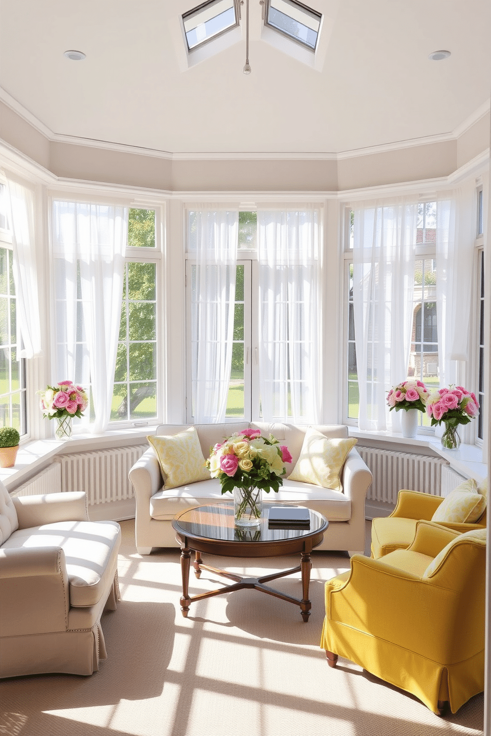 A bright and airy sunroom filled with natural light. The space features large windows adorned with sheer white curtains, allowing the sunlight to filter through gently. In the center, a comfortable seating area includes a light-colored sofa and a couple of vibrant armchairs. Fresh floral arrangements in pastel hues are placed on the coffee table and window sills, adding a cheerful touch to the decor.
