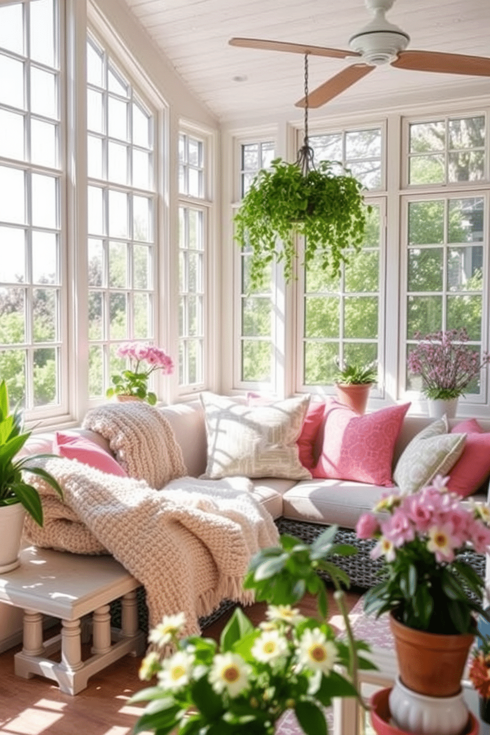 A bright and inviting sunroom filled with natural light. The space features a comfortable seating area adorned with layered textures from plush blankets and colorful cushions. Large windows frame the room, allowing sunlight to stream in and illuminate the soft pastel colors of the decor. Potted plants and fresh flowers add a touch of nature, enhancing the cheerful ambiance.