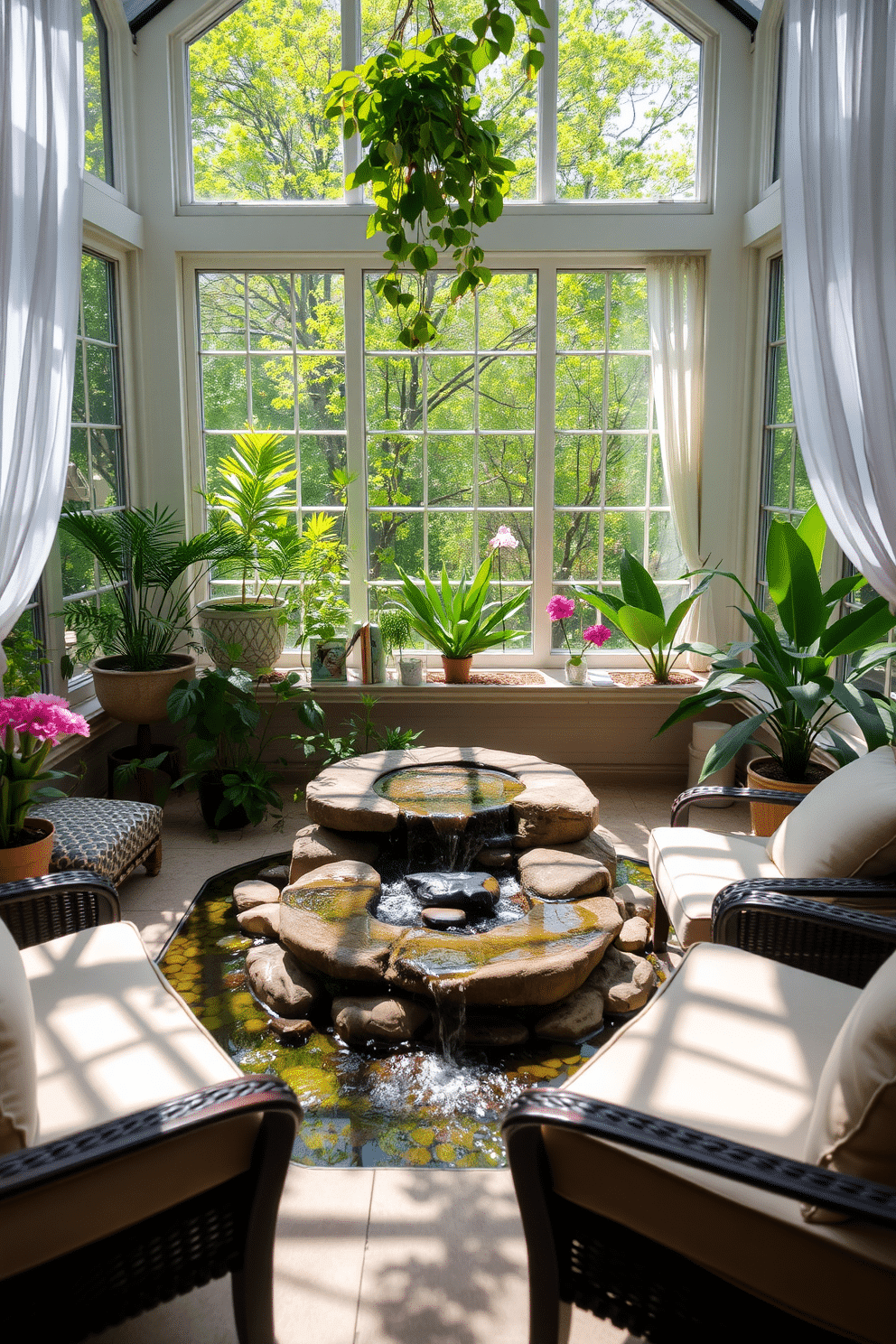 A bright sunroom filled with natural light and vibrant greenery. In the center, a small indoor water feature gently cascades over smooth stones, creating a serene atmosphere. Surrounding the water feature, comfortable seating in soft fabrics invites relaxation. Large windows frame the space, adorned with sheer curtains that flutter in the spring breeze.