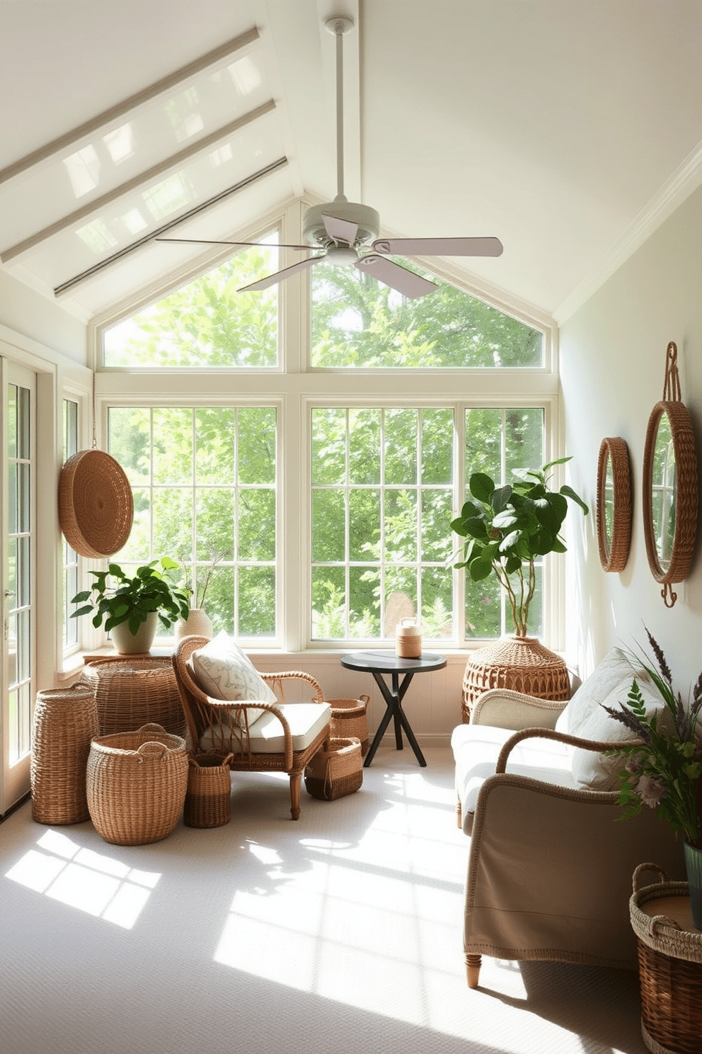 A bright and airy sunroom filled with natural light. Decorative baskets in various sizes are used for storage, adding texture and warmth to the space. The walls are painted in a soft pastel hue, complementing the greenery outside. A cozy seating area features a mix of comfortable chairs and a small table, perfect for enjoying morning coffee.