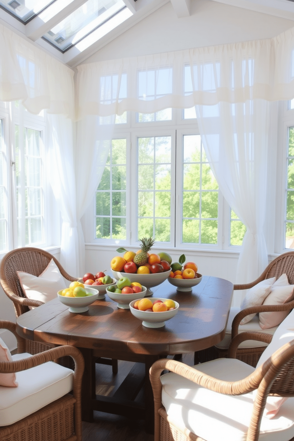 A bright and airy sunroom filled with natural light. The space features large windows adorned with sheer white curtains, allowing the sun to filter through gently. In the center of the room, a rustic wooden table holds an assortment of seasonal fruits displayed in elegant ceramic bowls. Surrounding the table are comfortable wicker chairs with soft pastel cushions, creating a welcoming atmosphere.