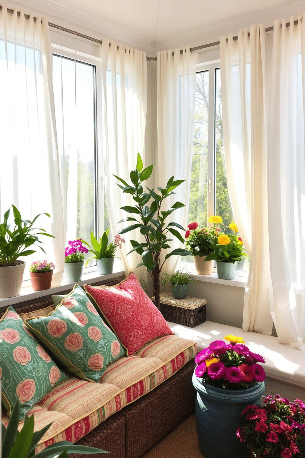 A bright and inviting sunroom filled with natural light. Colorful outdoor cushions are arranged on a comfortable seating area, creating a cozy atmosphere for relaxation. The walls are adorned with light, airy curtains that flutter gently in the breeze. Potted plants and vibrant flowers add a touch of nature, enhancing the cheerful spring vibe.