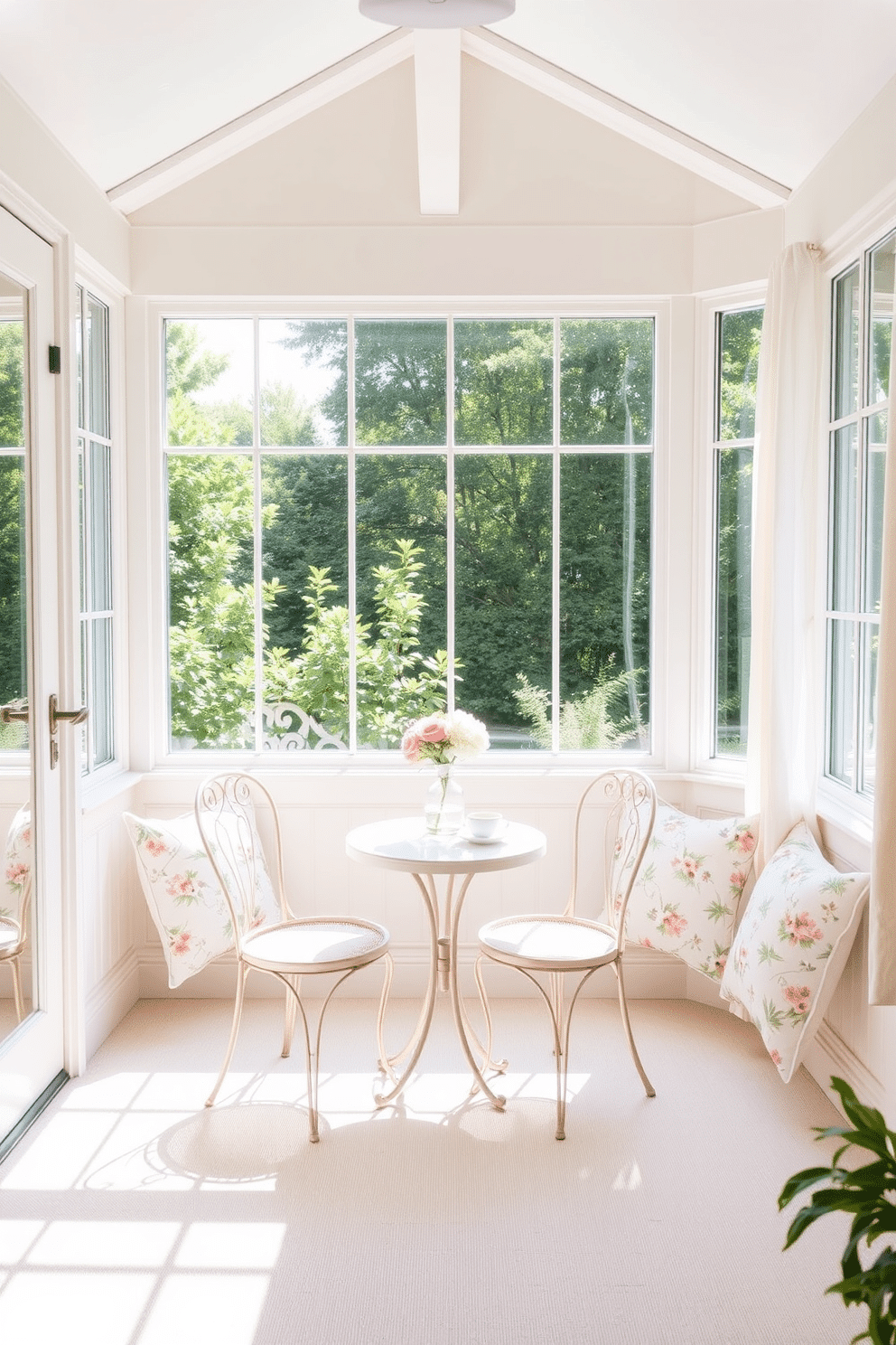 A bright and airy sunroom filled with natural light. In the center, there is a charming small bistro table set with two elegant chairs, perfect for enjoying morning coffee. The walls are adorned with large windows that showcase the lush greenery outside. Soft pastel colors dominate the decor, with floral patterns on cushions and light curtains fluttering gently in the breeze.