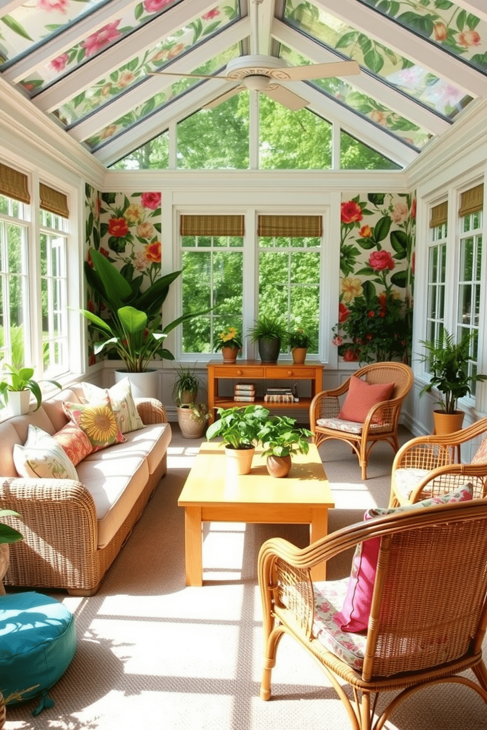 A bright and airy sunroom filled with natural light. The walls are adorned with vibrant botanical prints that bring a fresh and lively atmosphere. Cozy seating arrangements include a plush sofa and a couple of rattan chairs. A light wooden coffee table sits in the center, surrounded by potted plants and colorful throw pillows.