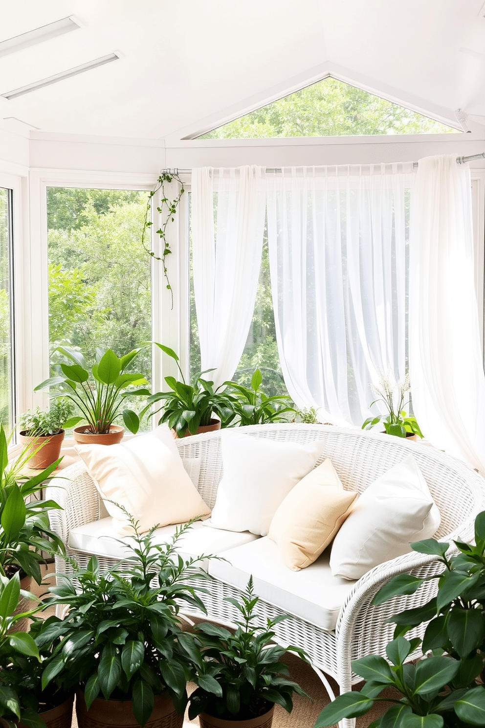 A bright and airy sunroom filled with natural light. Soft pastel-colored throw pillows are scattered across a comfortable white wicker sofa, creating a cozy and inviting atmosphere. Lush greenery surrounds the room, with potted plants in various sizes adding a touch of nature. Delicate sheer curtains flutter gently in the breeze, enhancing the serene spring vibe.