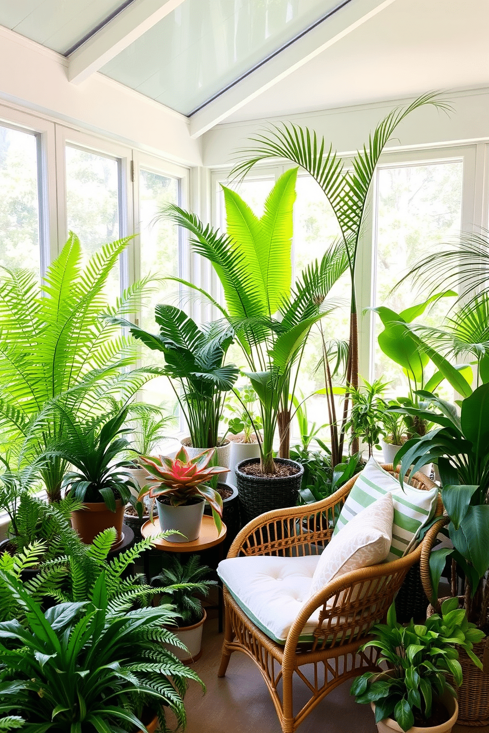 A bright and airy sunroom filled with an assortment of indoor plants in various sizes. Lush green ferns and tall potted palms create a vibrant backdrop against the large windows that let in abundant natural light. A cozy seating area features a comfortable rattan chair and a small wooden side table adorned with a colorful plant. Soft cushions in pastel hues complement the greenery, enhancing the serene atmosphere of the space.