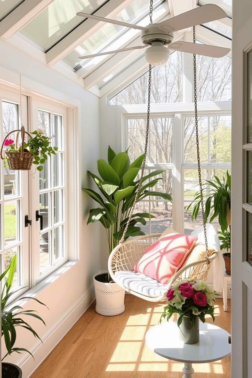 A bright and airy sunroom filled with natural light. In one corner, a cozy swing chair hangs from the ceiling, surrounded by lush green plants and colorful cushions. The walls are painted in a soft pastel hue, creating a cheerful atmosphere. A small round table with a floral centerpiece sits next to the swing chair, inviting relaxation and enjoyment of the spring sunshine.