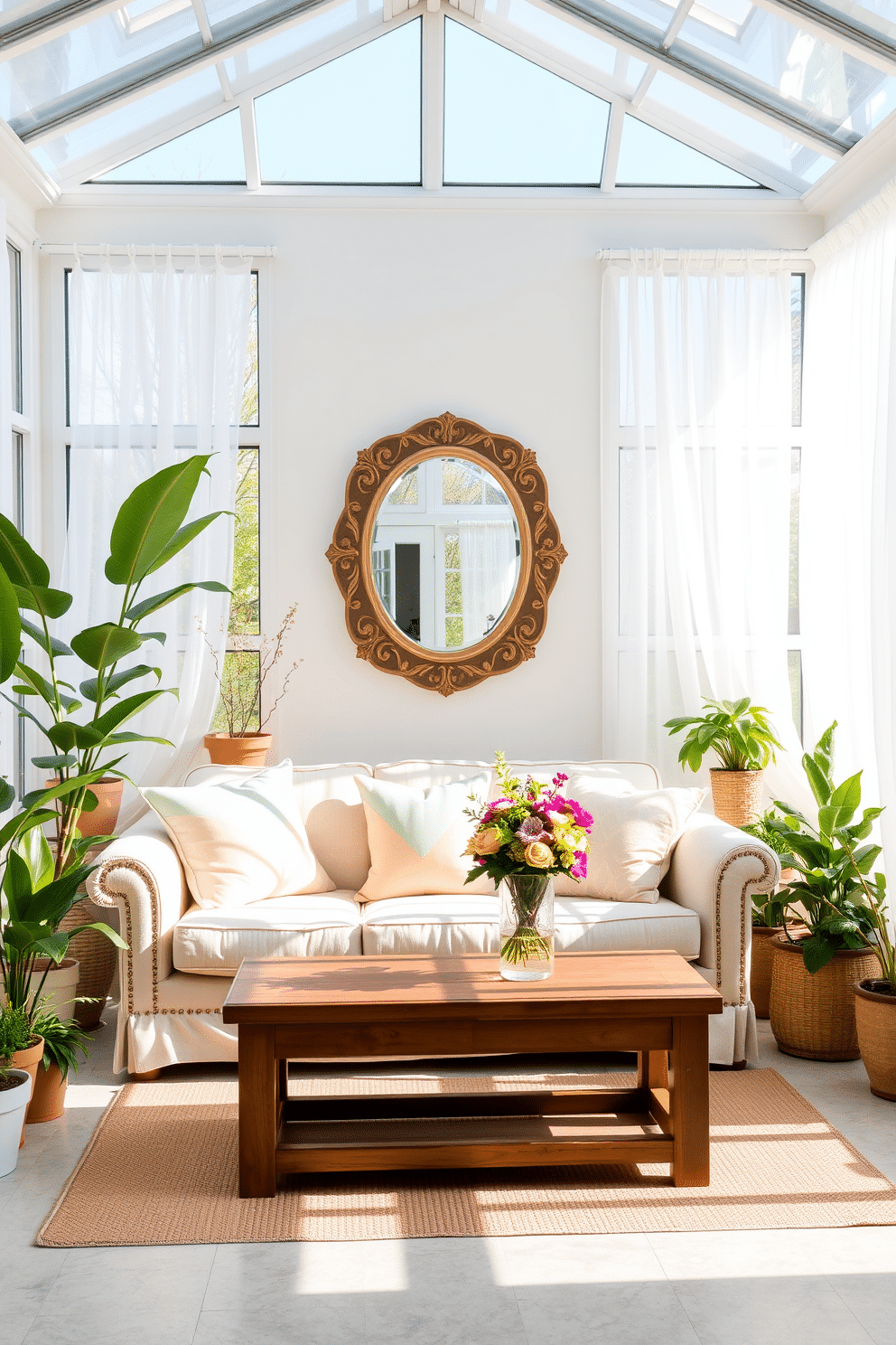 A bright and airy sunroom filled with natural light. The space features large windows draped with sheer white curtains, allowing the spring sunshine to flood in. In the center, a comfortable seating area is arranged with a plush sofa adorned with pastel cushions. A decorative mirror hangs on the wall opposite the windows, reflecting light and enhancing the room's brightness. Potted plants in varying heights are placed around the room, adding a fresh and vibrant touch. A rustic wooden coffee table sits in front of the sofa, topped with a vase of seasonal flowers for a cheerful accent.