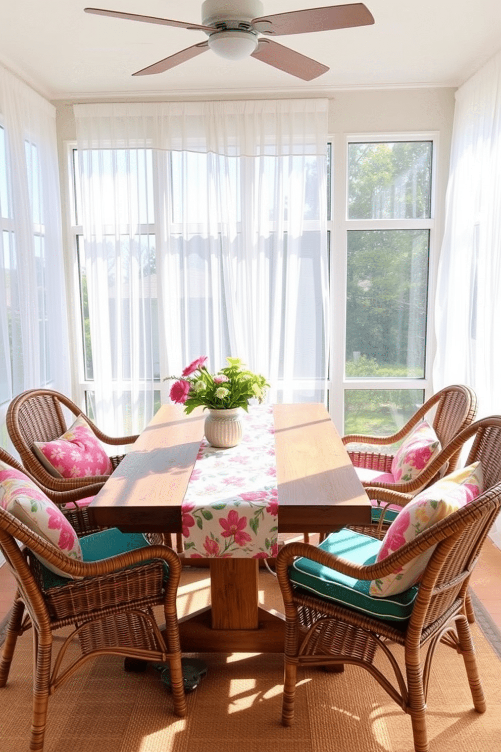 Create a bright and inviting sunroom filled with natural light. The focal point is a large window adorned with sheer curtains that gently filter the sunlight. In the center of the room, place a rustic wooden table set with a vibrant table runner in floral patterns. Surround the table with comfortable wicker chairs, each accented with colorful cushions that enhance the cheerful atmosphere.