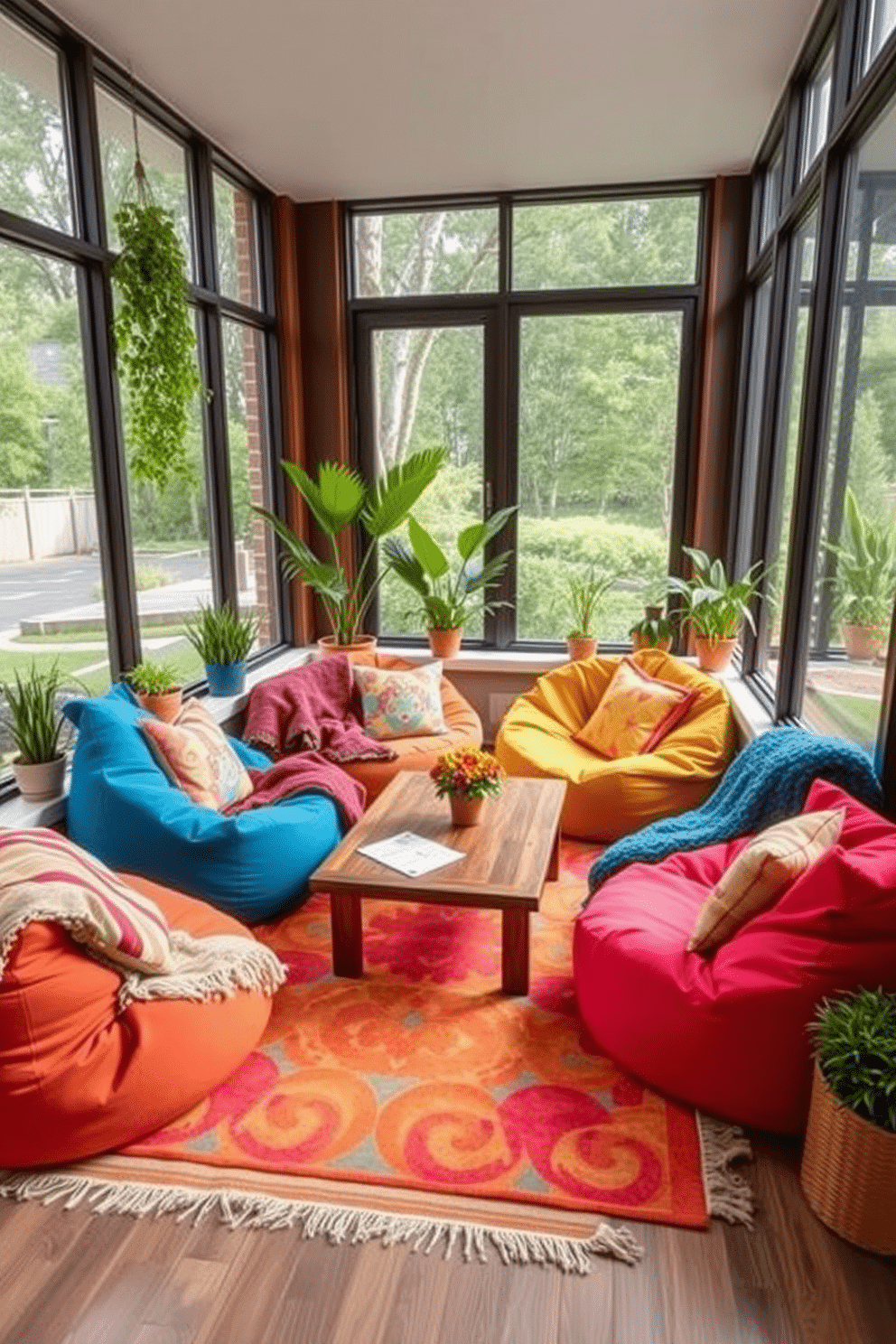 Create a cozy corner with colorful bean bags arranged around a low wooden coffee table. Large windows allow natural light to flood the space, and potted plants add a touch of greenery to the inviting atmosphere. Incorporate soft throw blankets and vibrant cushions to enhance comfort and style. A cheerful rug anchors the seating area, making it the perfect spot for relaxation and conversation.