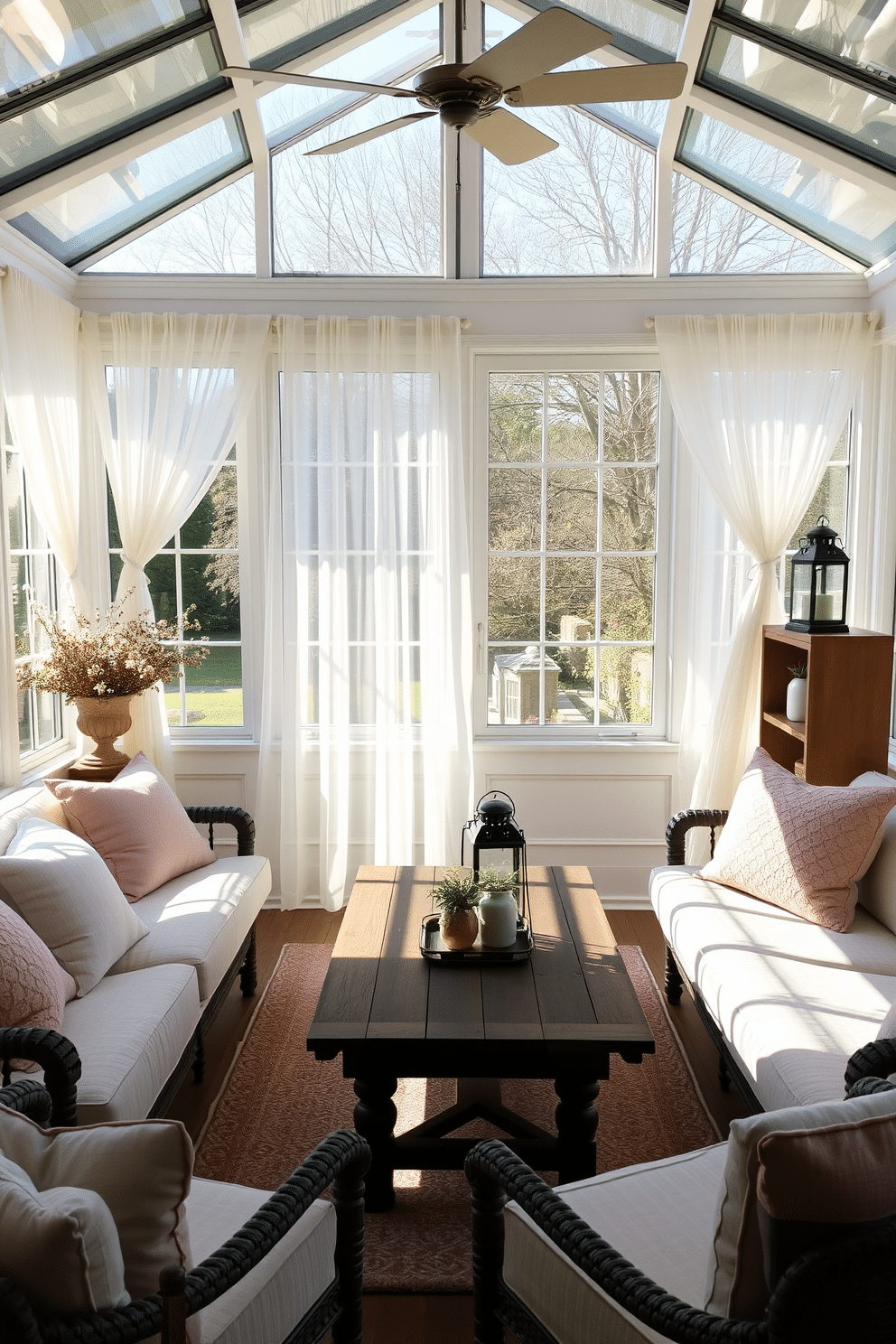 A bright and inviting sunroom filled with natural light. The space features large windows adorned with sheer white curtains, allowing the spring sunshine to filter through. Cozy seating is arranged around a rustic wooden coffee table, with plush cushions in pastel colors. Lanterns are strategically placed on the table and shelves, providing a warm glow as evening approaches.