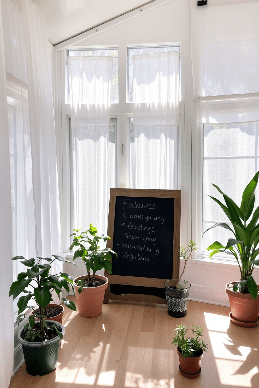 A bright and airy sunroom filled with natural light. There are large windows adorned with sheer white curtains, allowing sunlight to flood the space. In one corner, a rustic wooden chalkboard is mounted on the wall for seasonal messages. Surrounding the chalkboard, potted plants in varying heights add a touch of greenery and life to the room.
