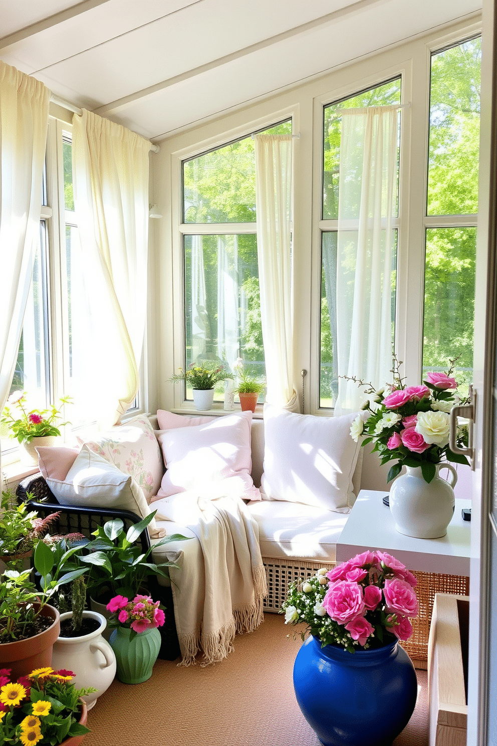 A bright and airy sunroom filled with natural light. The space features a comfortable seating area adorned with pastel-colored cushions and a light floral throw blanket. Spring-themed decorative accents are scattered throughout, including a collection of vibrant potted plants and fresh-cut flowers in a ceramic vase. Soft, sheer curtains flutter gently in the breeze, enhancing the cheerful ambiance of the room.