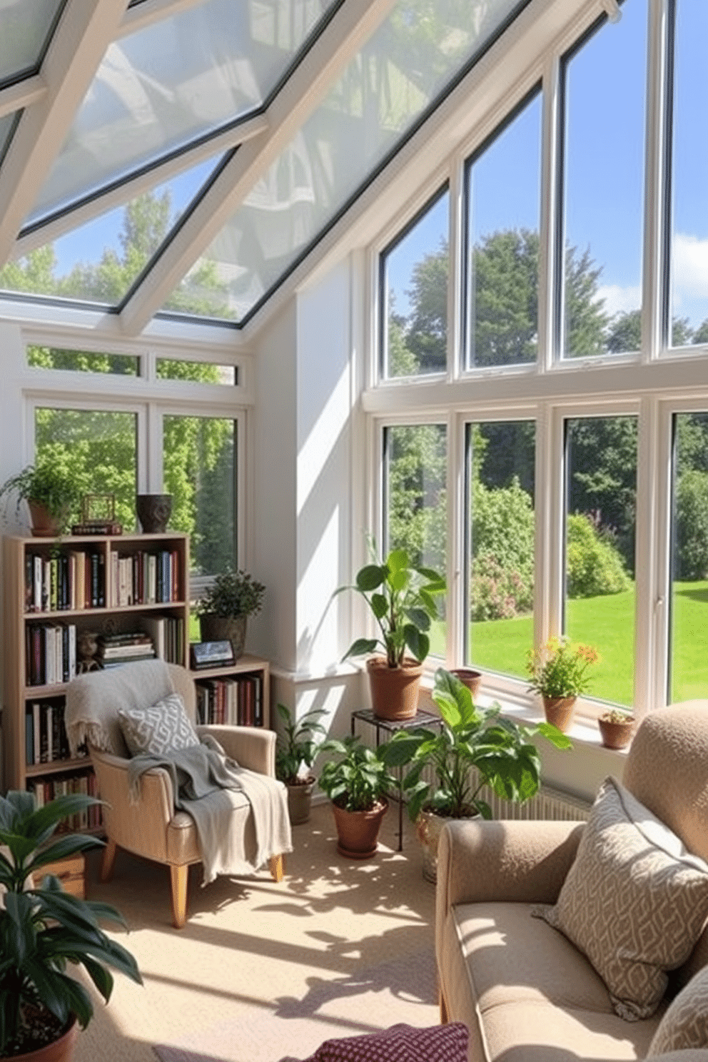 A bright and airy sunroom filled with natural light, featuring large windows that overlook a lush garden. In one corner, a small bookshelf is filled with an assortment of books and decorative items, inviting relaxation and reading. The space is adorned with comfortable seating, including a cozy armchair and a plush sofa, both draped with soft throws. Potted plants in varying sizes are placed throughout, adding a touch of greenery and life to the room.