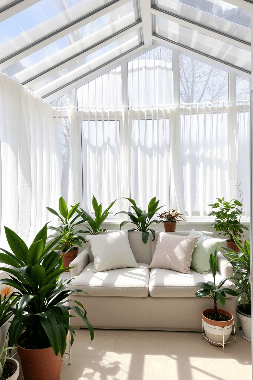A bright sunroom filled with natural light. The space features light sheer curtains that gently filter the sunlight, creating a soft and inviting atmosphere. A comfortable seating area includes a plush sofa adorned with pastel-colored cushions. Potted plants in various sizes are strategically placed around the room, adding a fresh touch of spring.